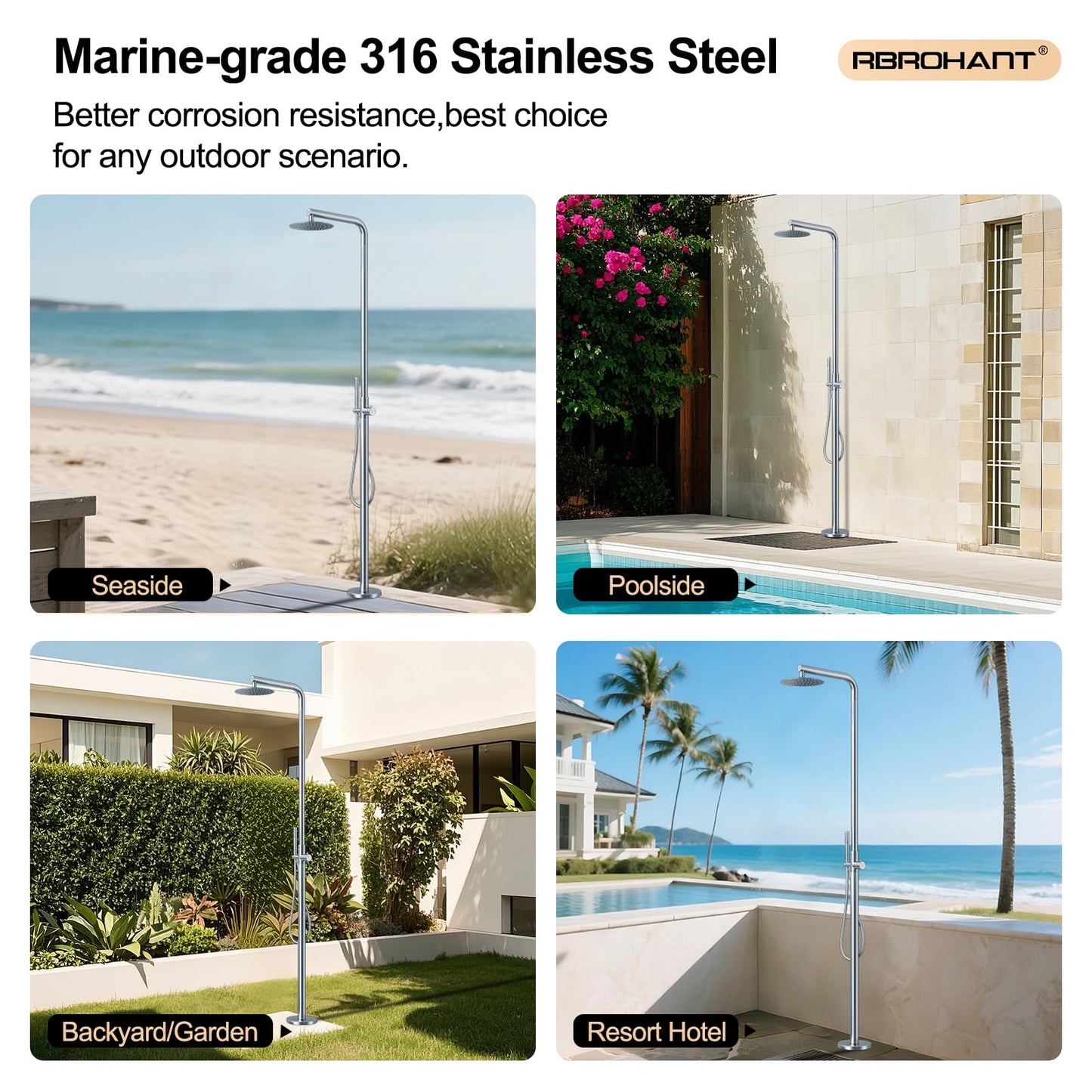 RBROHANT Freestanding Outdoor Shower, 316 Marine Grade Stainless Steel Beach Shower, Free Standing Hot and Cold Water Pool Shower with 10’’ Rain Shower Head and Handheld, Brushed Nickel, Floor Mounted