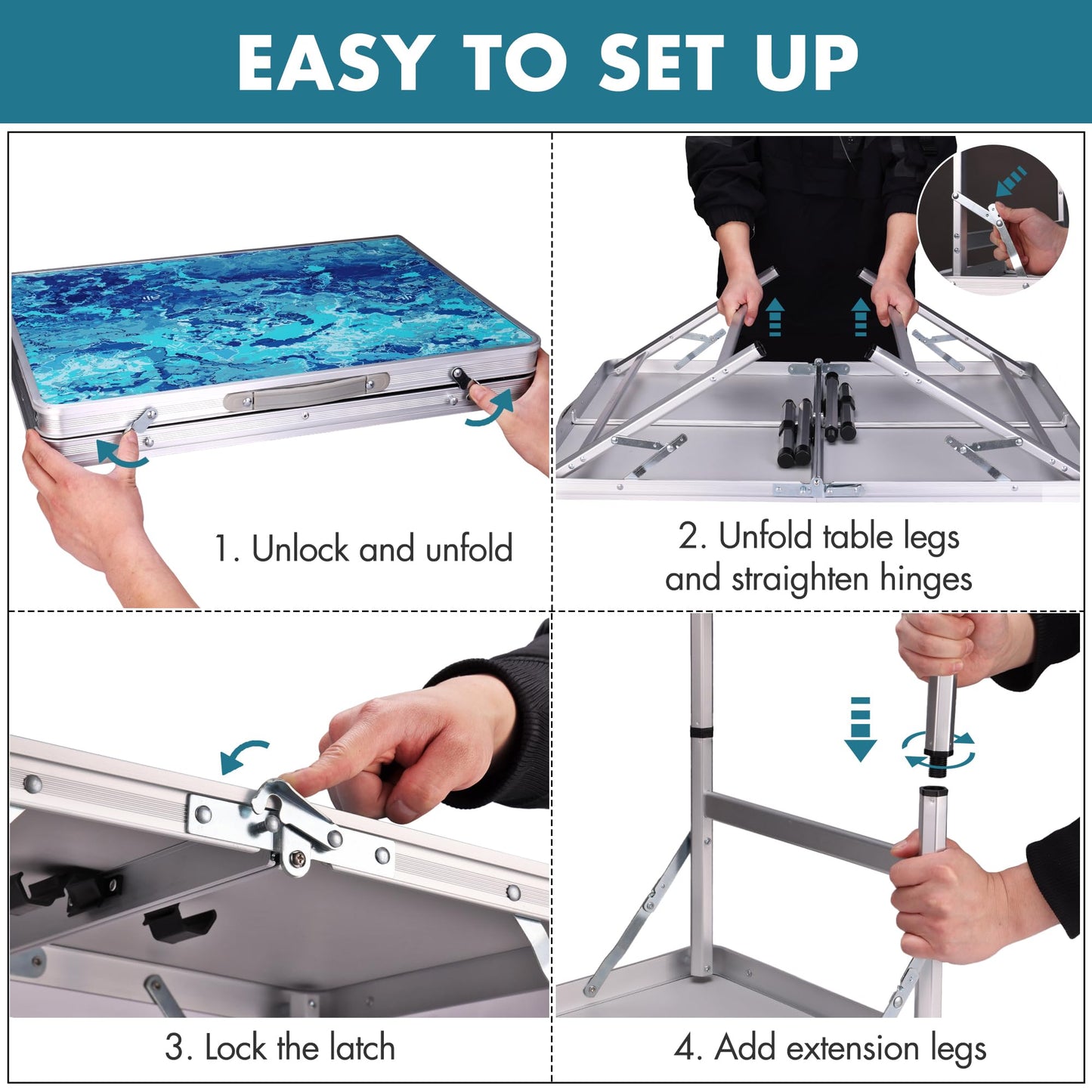 VILLEY Folding Camping Table 3FT, Adjustable Height Portable Aluminum Table with Handle, Lightweight Foldable Table for Outdoor Picnic BBQ Travel Camping Indoor Use