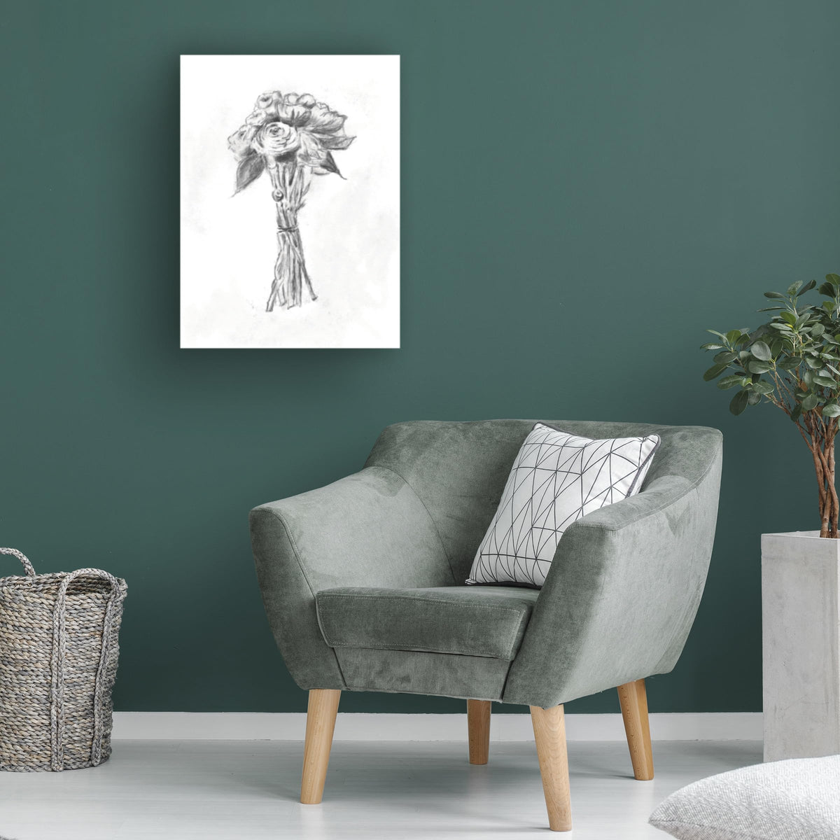 Trademark Fine Art Canvas Wall Art - Line and Brush 'Bouquet Charcoal' Wall Art for Living Room, Bedroom, or Office Décor