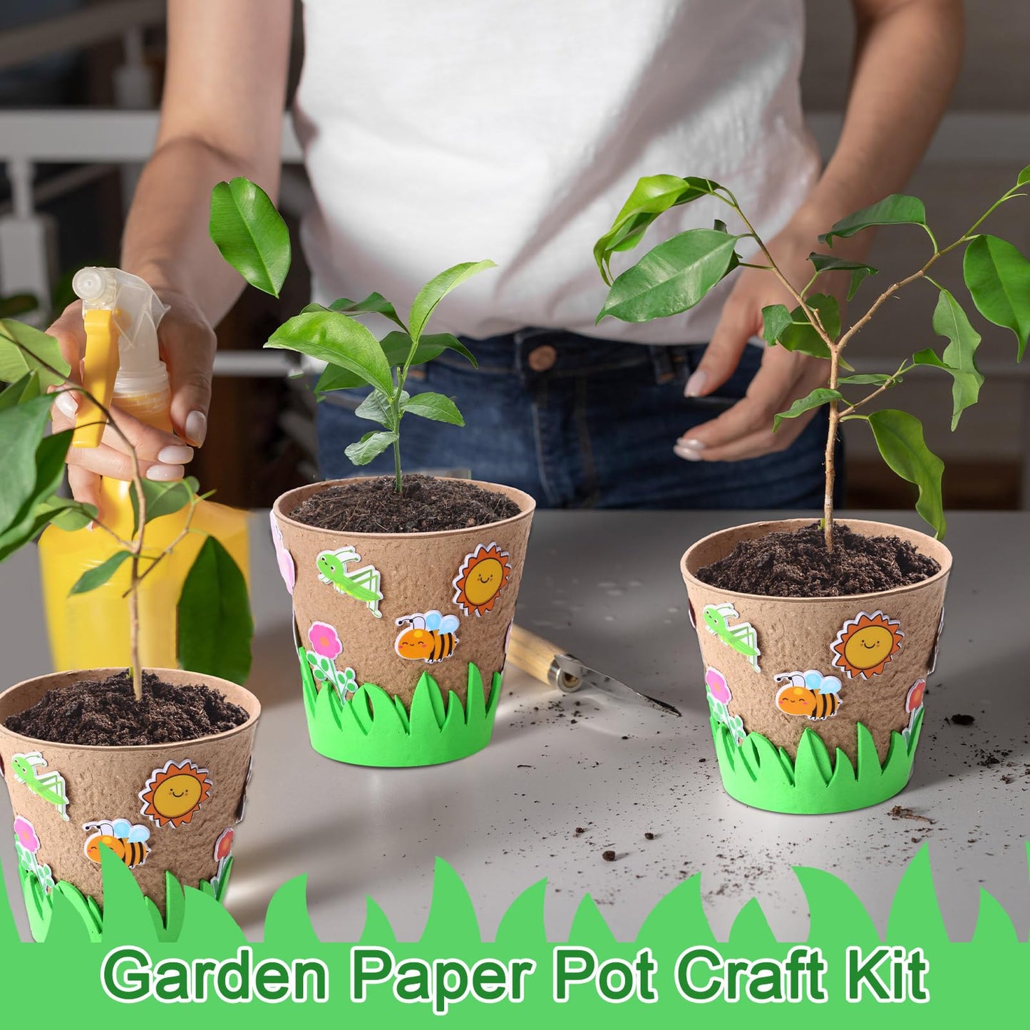 Sunnychicc 72 Pcs 4 Inch Garden Paper Pot Craft Kit Spring Crafts Bulk Including Round Paper Mache Pots Adhesive Foam Sticker EVA Grass Sticker Mother's Day DIY Planting Growing Garden Kit