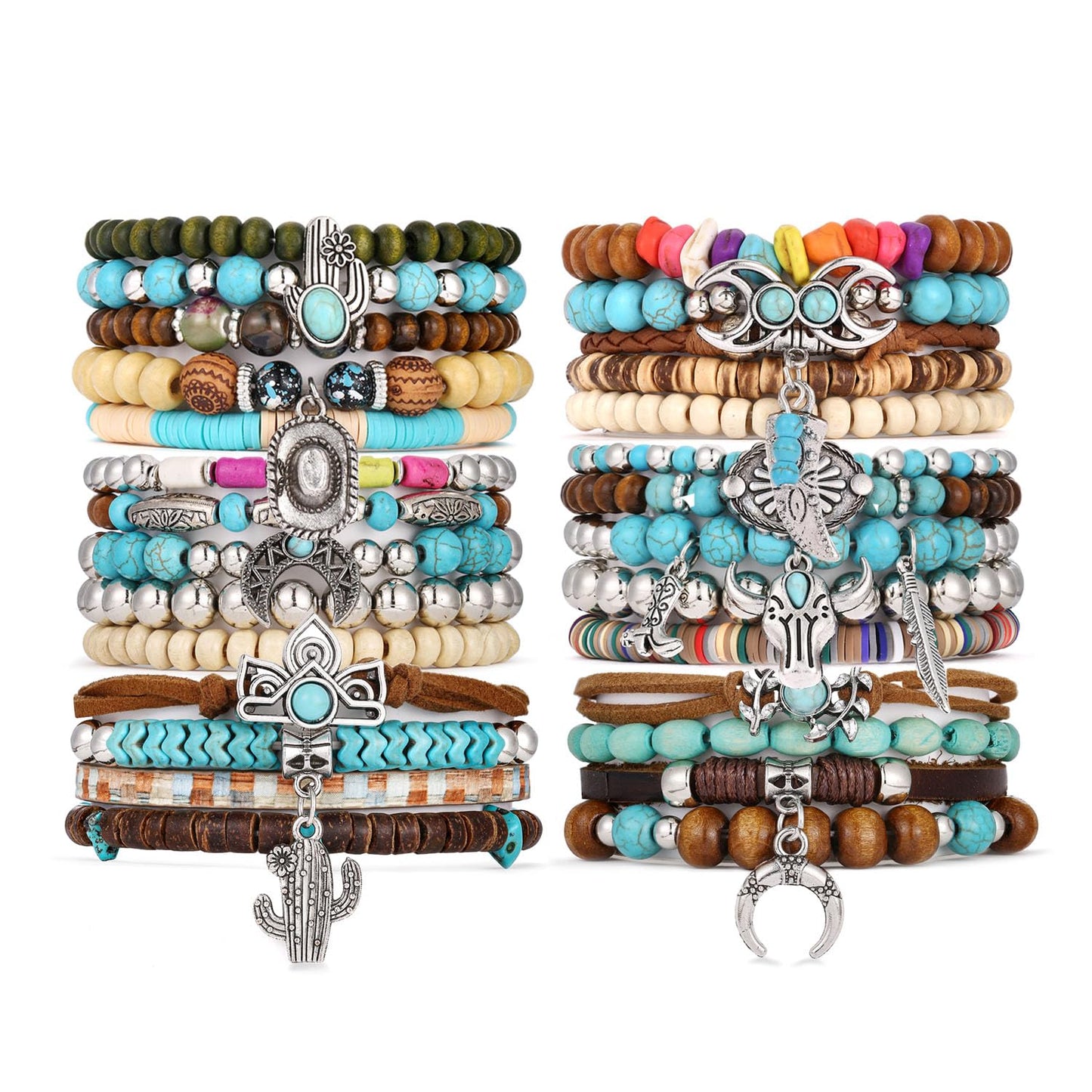COLOYAN 28PCS Western Bracelets for Women Stackable, Stretch Charm Bohemian Bracelet Stacks, Vintage Turquoise Bead Bracelet Western Jewelry
