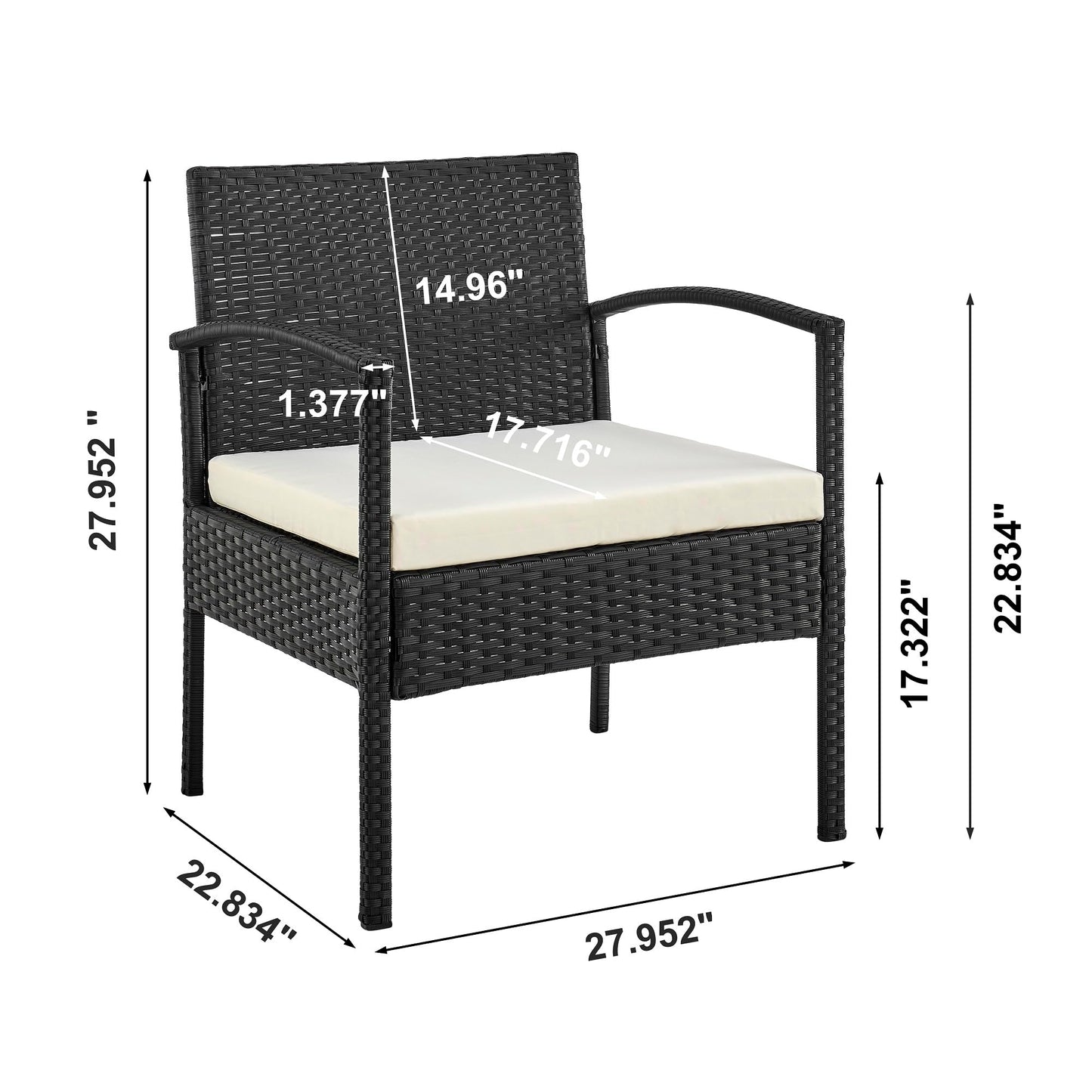 Manhattan Comfort Noli 3-Piece Patio Conversation Set, Outdoor Furniture Made of Steel Rattan | Includes 2 Modern Armchairs, Tempered Glass End Table, Removable Waterproof Cushions, Cream