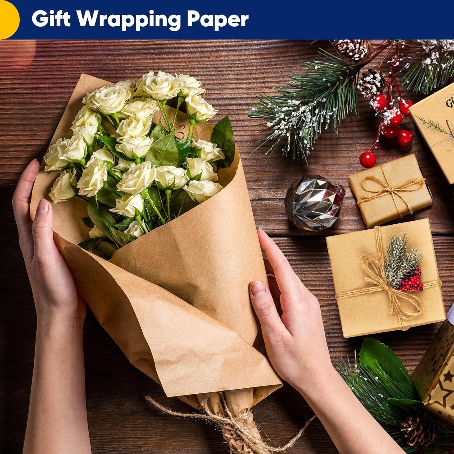 Vanhench 15"x 1200"(100') Brown Wrapping Paper, Craft Paper, Kraft Paper, Thanksgiving Gift Wrapping Bulletin Board Arts & Crafts, Bouquet Flower Table Covering Poster Packing Shipping Moving Supplies