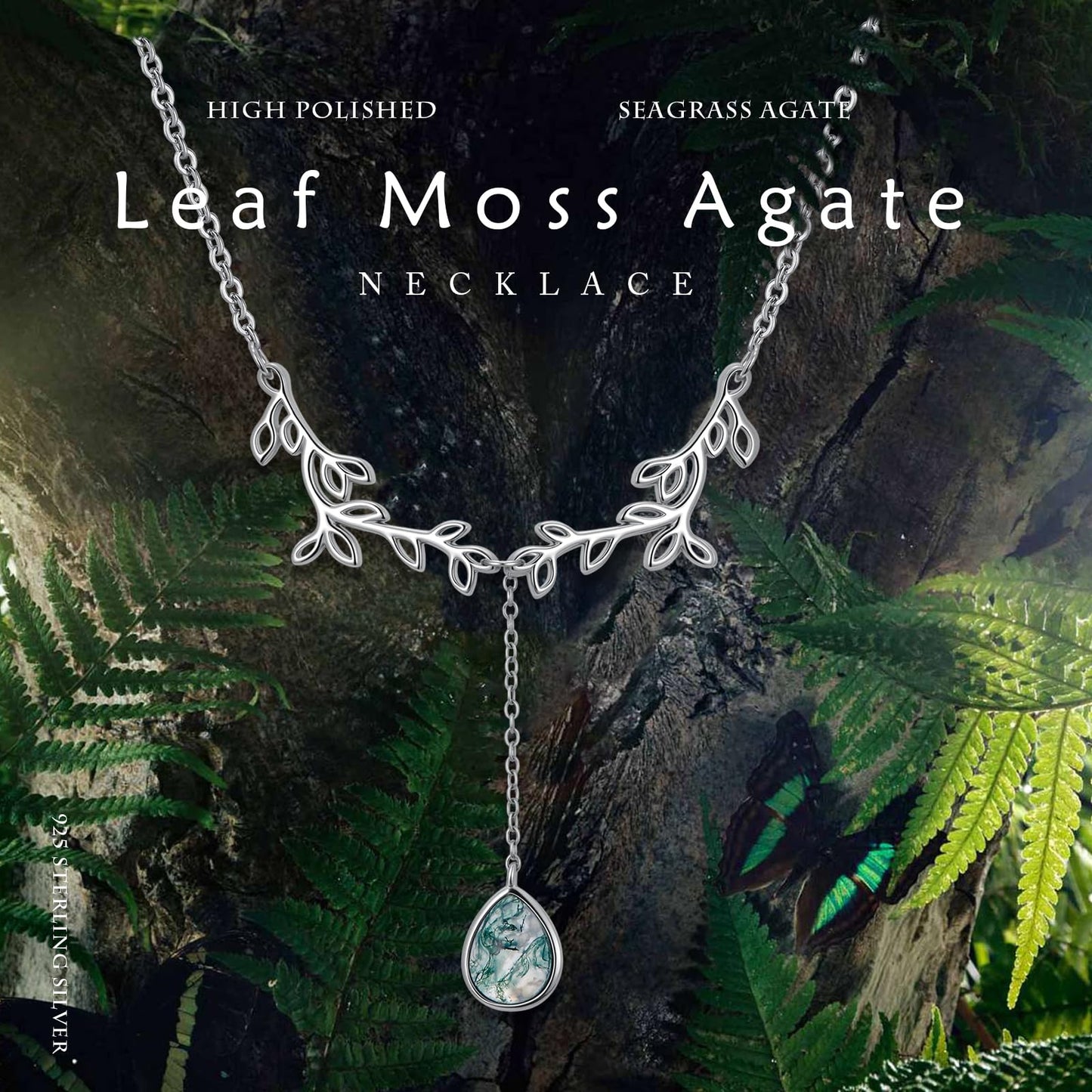 Silikepa Leaf Necklace for Women 925 Sterling Silver Leaf Pendant Necklace Y Chain with Moss Agate Jewelry Gifts for Women