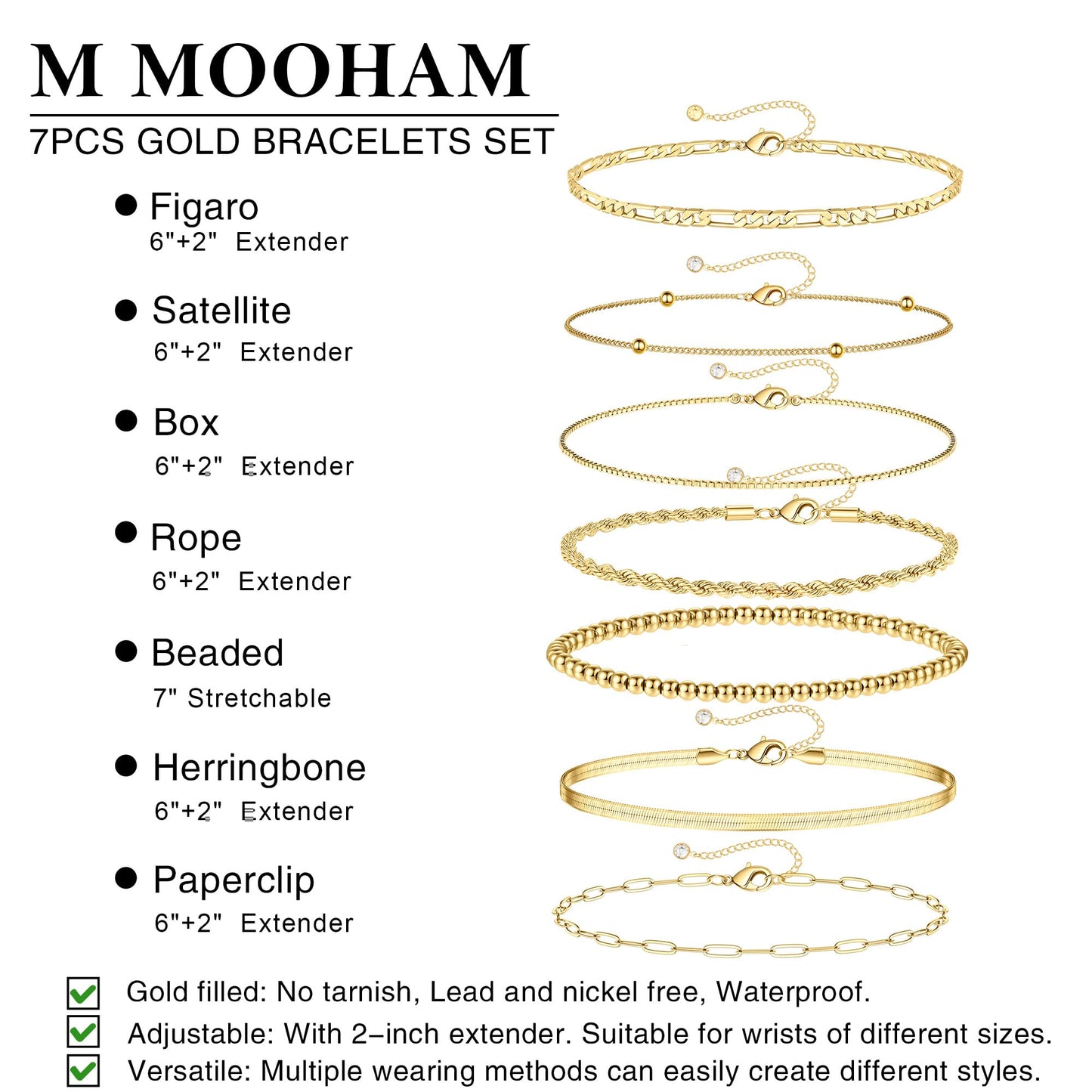 M MOOHAM Gold Bracelets for Women - Dainty 14K Gold Plated Beaded Bracelet Stack Paperclip Snake Rope Figaro Box Satellite Chain Bracelets for Women Non Tarnish, Jewelry Gifts for Women Her