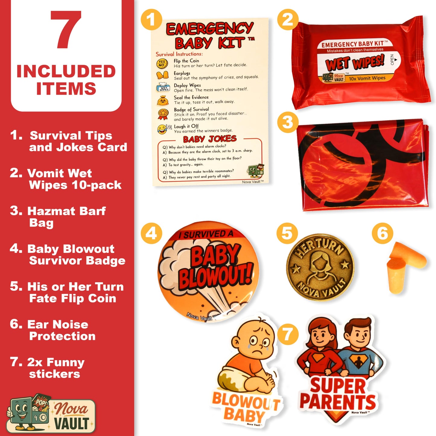 Nova Vault Funny Emergency Baby Newborn Kit Includes Wet Wipes, Flip Coin, Stickers, Jokes, Badge, Bag, Earforam. Ultimate Baby Shower, Family and Freinds Novelty Gag Gift