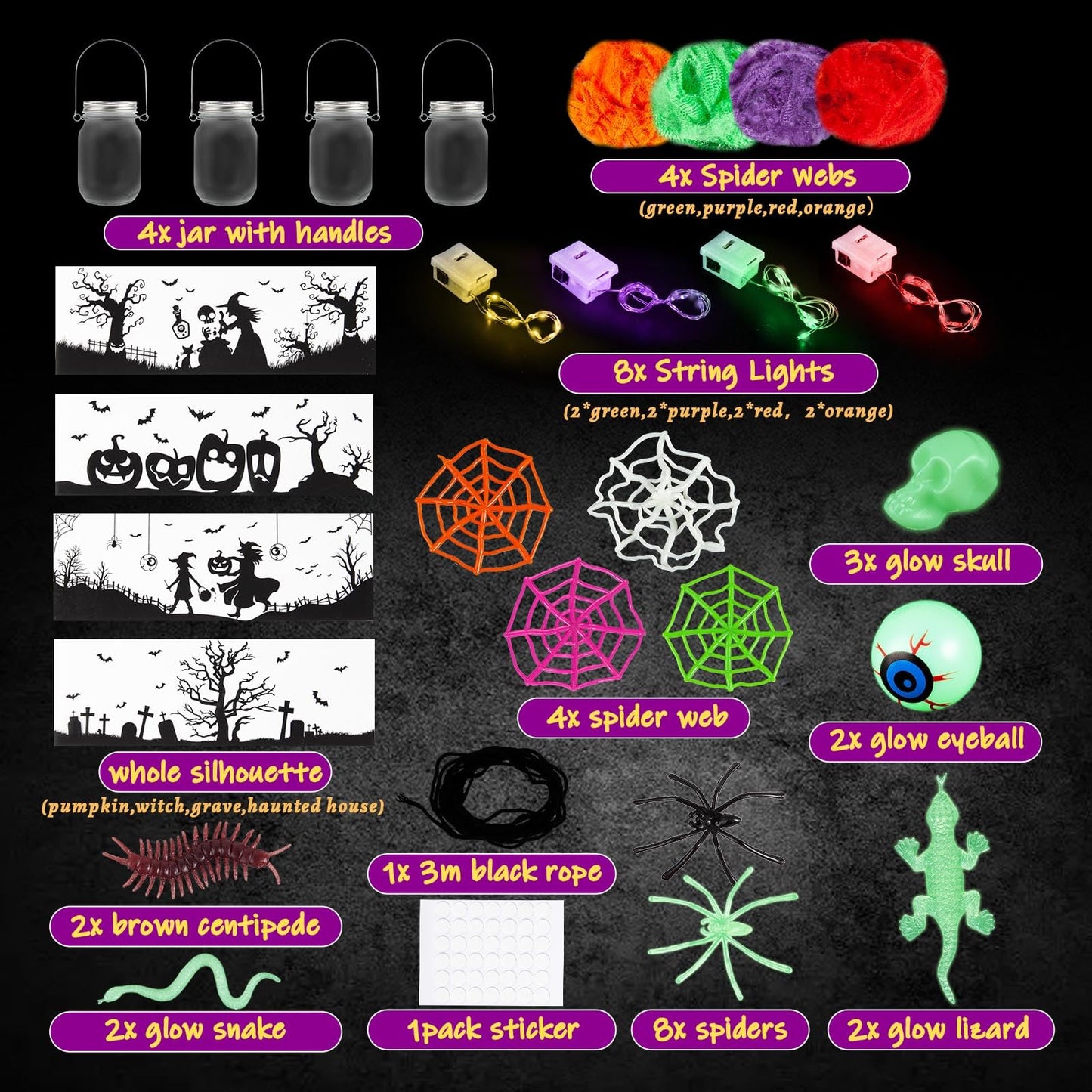 Halloween Craft for Kids,4PCS Halloween Mason Jar Kit with Accessories for Kids DIY,Halloween-Theme Art Activities Supplies Gifts for Kids Aged 4-12,Party Decoration Classroom Trick or Treat