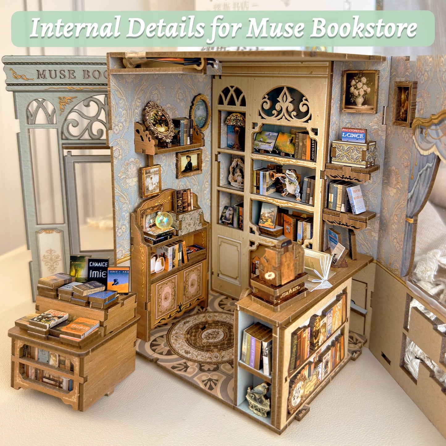 Fsolis Book Nook Kit - DIY Miniature House Kit Bookshelf 3D Wooden Puzzles for Adults Beginners Tiny House Mini Booknook Bookshop Gifts for Women Book Lovers (Muse Bookstore)