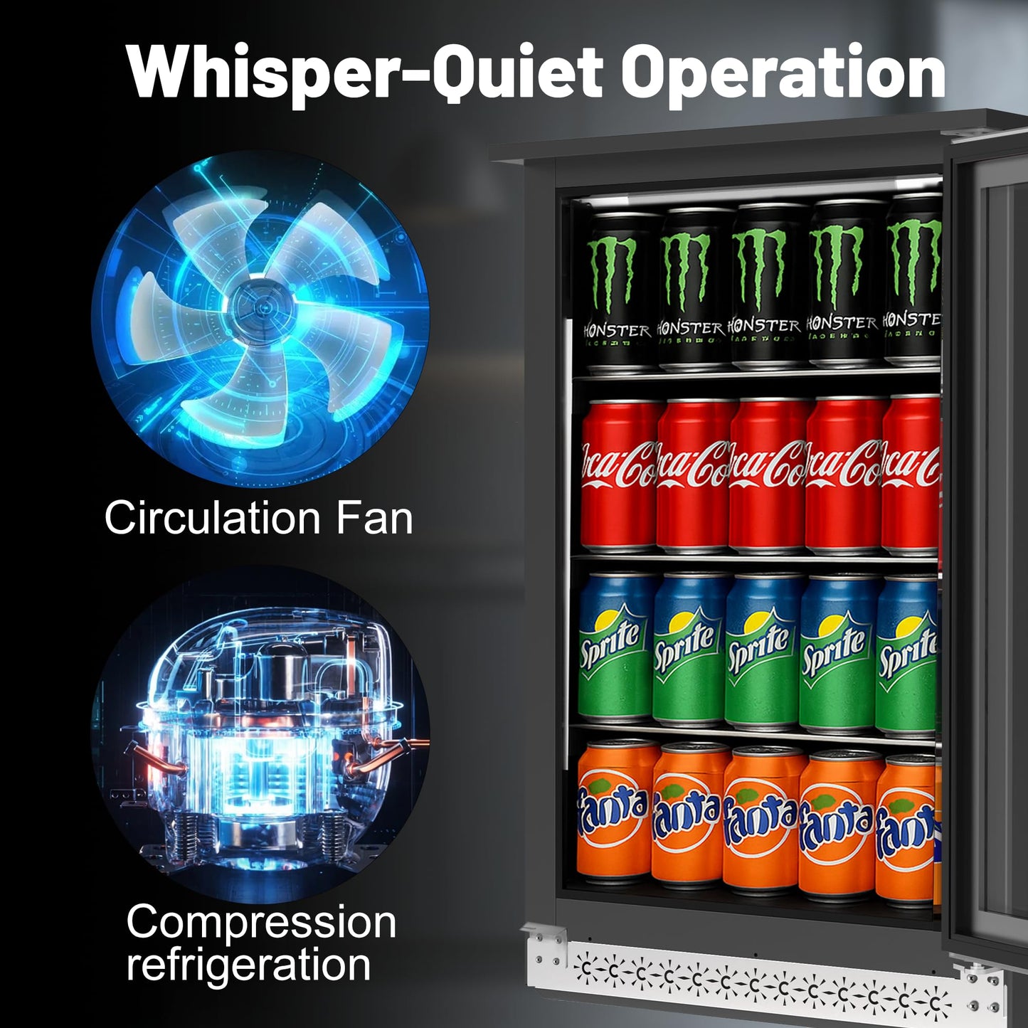 ChillFoce 20 Inch Under Counter Beverage Fridge with Glass Door, Beverage Refrigerator Cooler 120 Can,Built in or Freestanding,Fast Cooling,Quiet ≤39 dBs,Blue LED Light Cooler for Bar, Home, Office