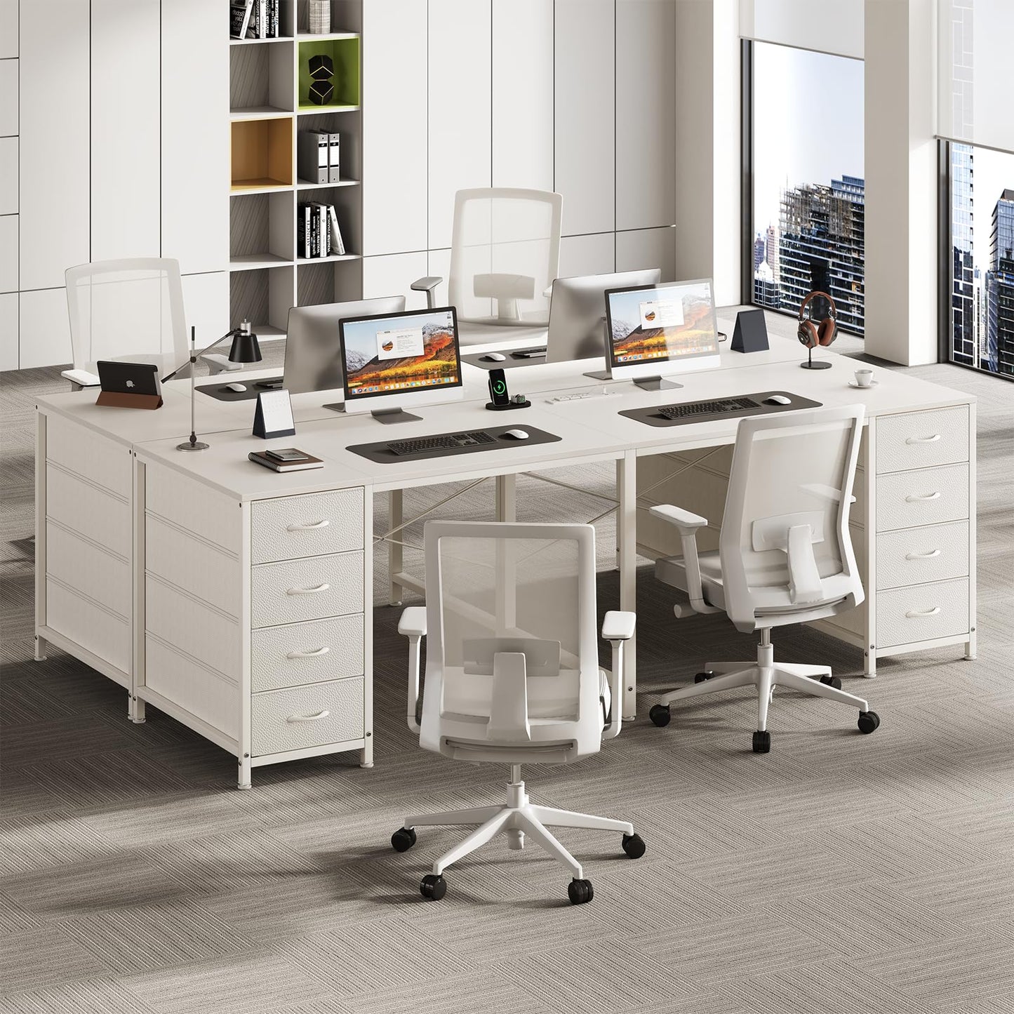 TVU 2 Person Desk with 8 Drawers, Large Home Office Computer Desk with Power Outlets, 78 Inch Long Double Desks for Two People, White