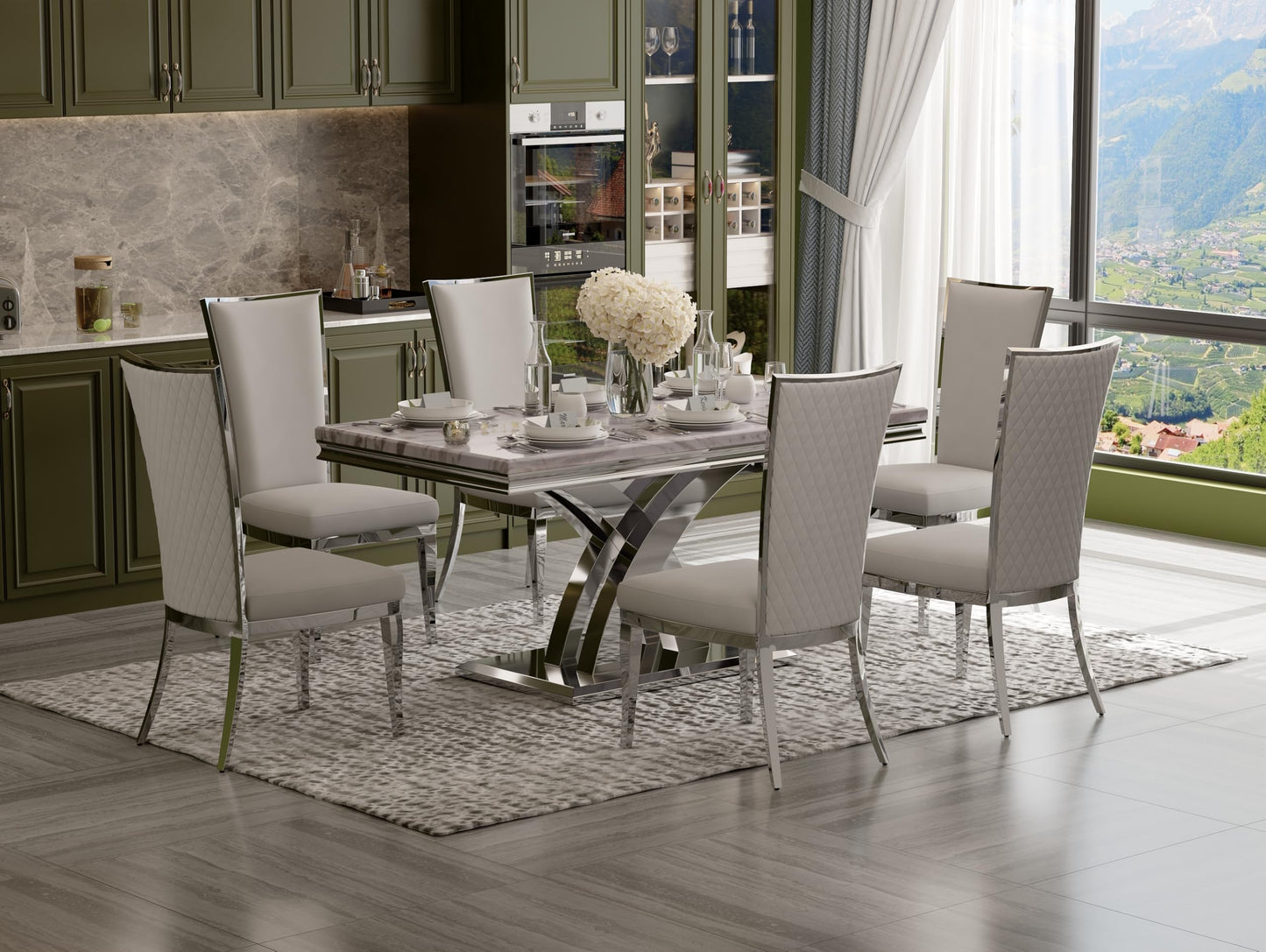 AUZ 7 Piece Dining Room Table Set for 6, White and Silver Kitchen and Dining Room Table Set with 65" Rectangle Table and 6 White Velvet Dining Chairs