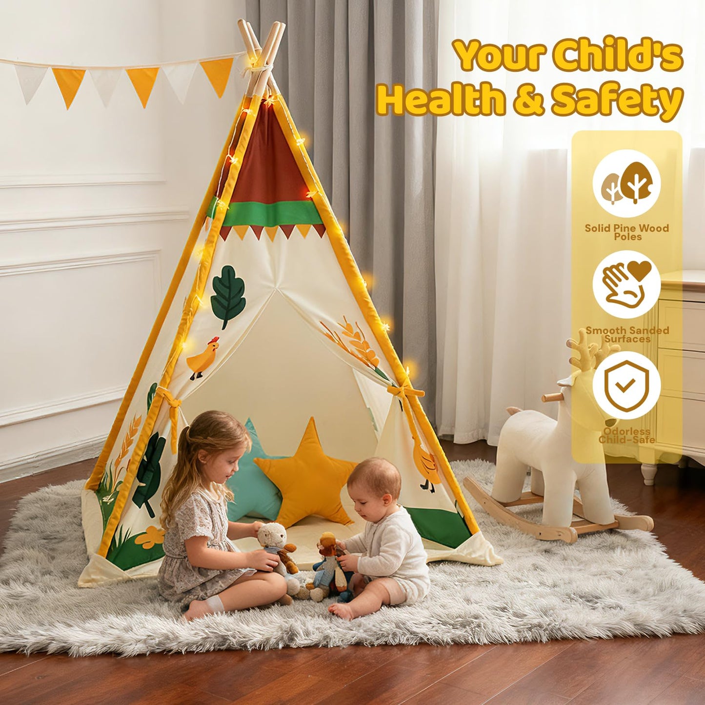 Duwenem Teepee Tent for Kids, Play Tent with Padded Mat & Star Lights, Indoor Play Tent for Girls & Boys, Pastoral Chicken