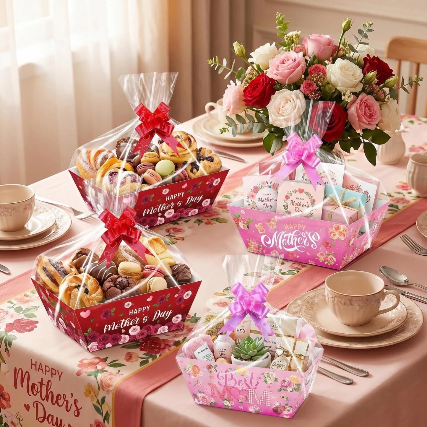 CMSSHUAI 12 Pcs Mothers Day Gift Baskets Empty to Fill Kit DIY Basket for Gifts Empty Bulk 12 Tray Favor 12 Clear Basket Bags 12 Bows for Mom Birthday Party