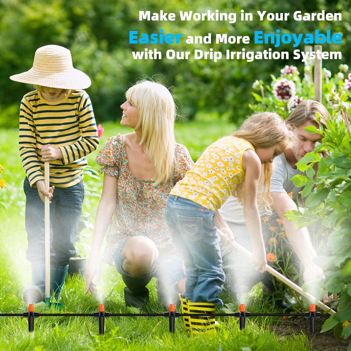 75FT Drip Irrigation System - Easy to Assemble Quick Plug Adjustable Spray Volume Garden Watering/Misting Cooling System with 1/4" Polyethylene (PE) Water Pipes for Gardens, Raised Beds, Lawns