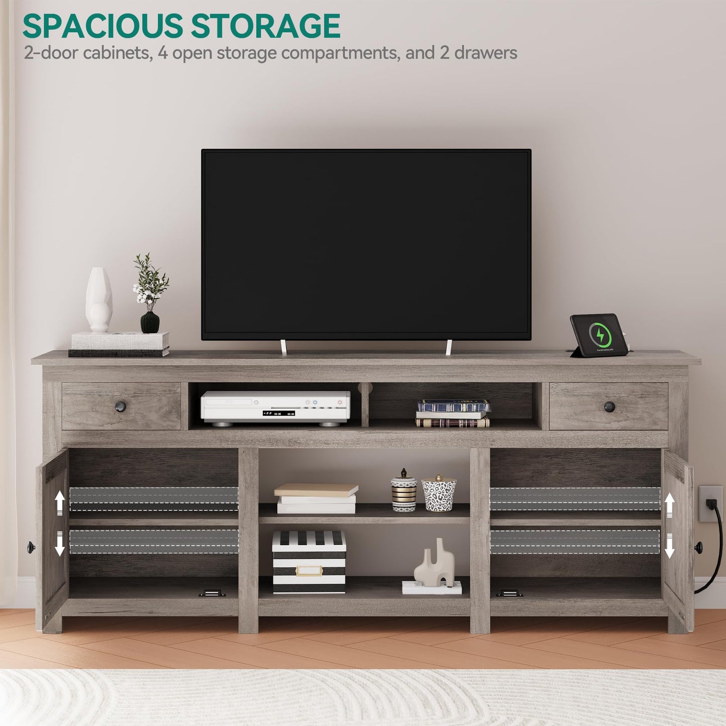 YITAHOME TV Stand for 75/80 Inch TV, Farmhouse Entertainment Center with Storage, 70 Inch TV Cabinet with Drawers and Power Outlet, TV Console for Living Room (Grey Oak)