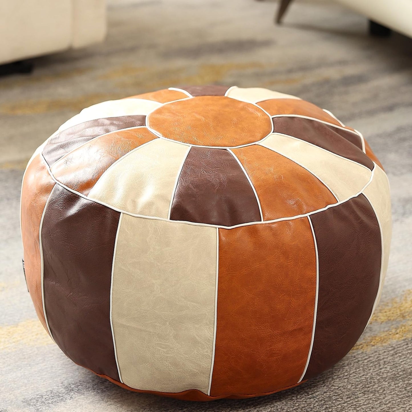 Louis Donné UNSTUFFED Pouf Ottoman Cover, Faux Leather Foot Stool for Foot Rest, Moroccan Style Pouffe Ottomans, 21" Round Handmade Small Bean Bag Covers for Storage, Footstools for Living Room