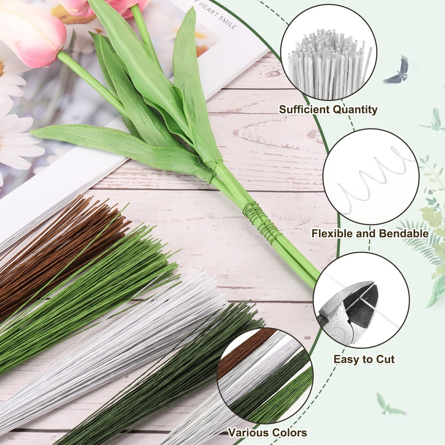 PATIKIL 120 Pcs 24 Gauge Floral Wire, 14 Inch Floral Stem Flower Paper Wrapped Wires for Flowers Crafts Bouquet Arrangement Supplies Wreath DIY Projects, White