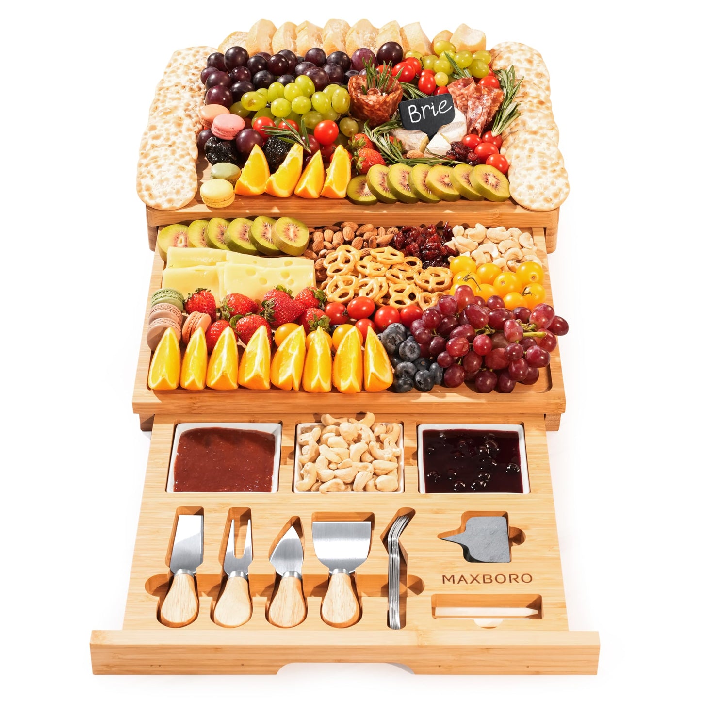 Extra Large 33.7x15.7 inch Charcuterie Boards Gift Set, 100% Bamboo Cheese Board and Knife Set, Cool Meat Cheese Platter Tray, House Warming Gifts New Home, Ideas for Women Mom