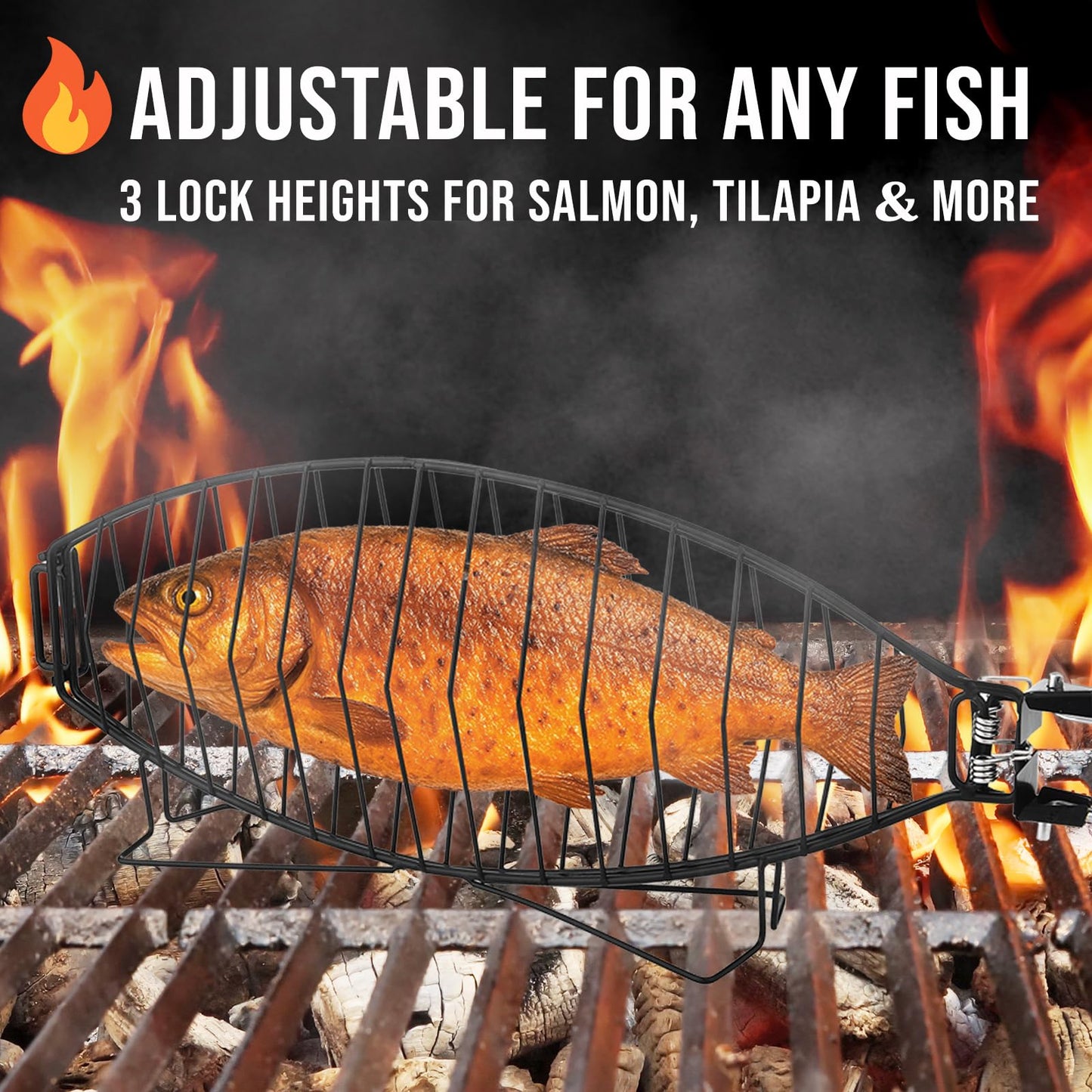 Fish Grilling Basket for Grill - Stainless Steel Basket, Non-Stick Fish Rack for Grilling with Adjustable Lock Removable Handle, Ideal for BBQ, Camping, Charcoal and Gas Grills