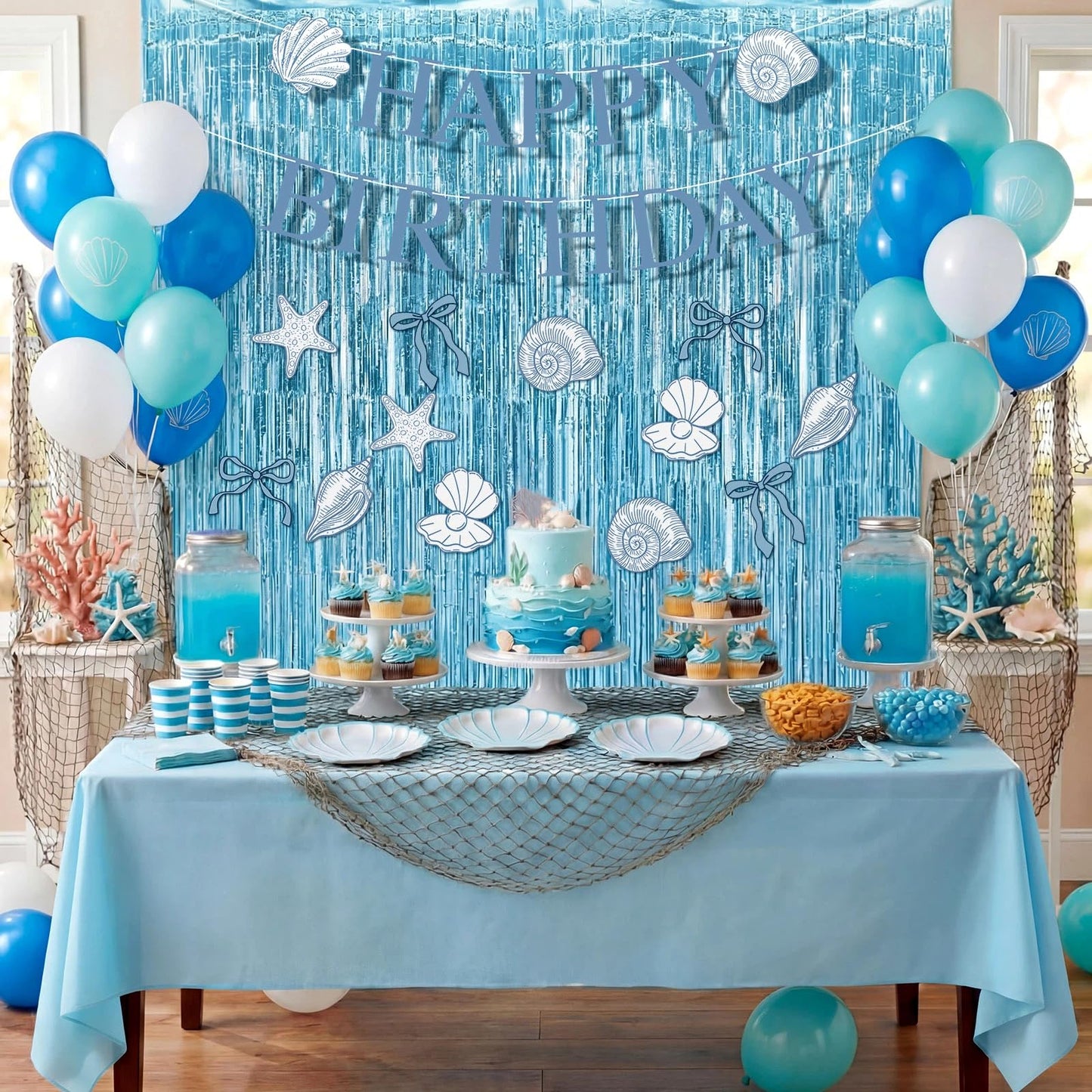 Epakh 39 Pcs Coastal Blue Bow Starfish Seashell Party Decorations Includes 24 Pcs Paper Cards Decor 13 Happy Birthday Banner 2 Foil Fringe Curtain Backdrop for Ocean Photo Prop Party Supplies