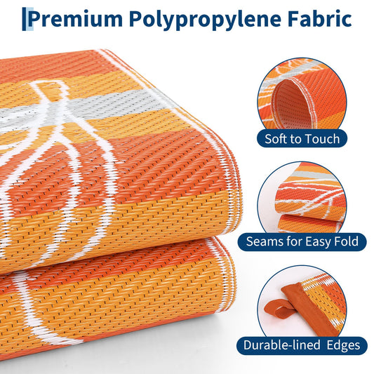 Garvee 6x9 Outdoor Waterproof Rug, Floral Outdoor Area Rug，Reversible Plastic Straw Patio Rug, Portable Camping Mat for RV, Picnic, Beach, Balcony, Garden & Camping Orange