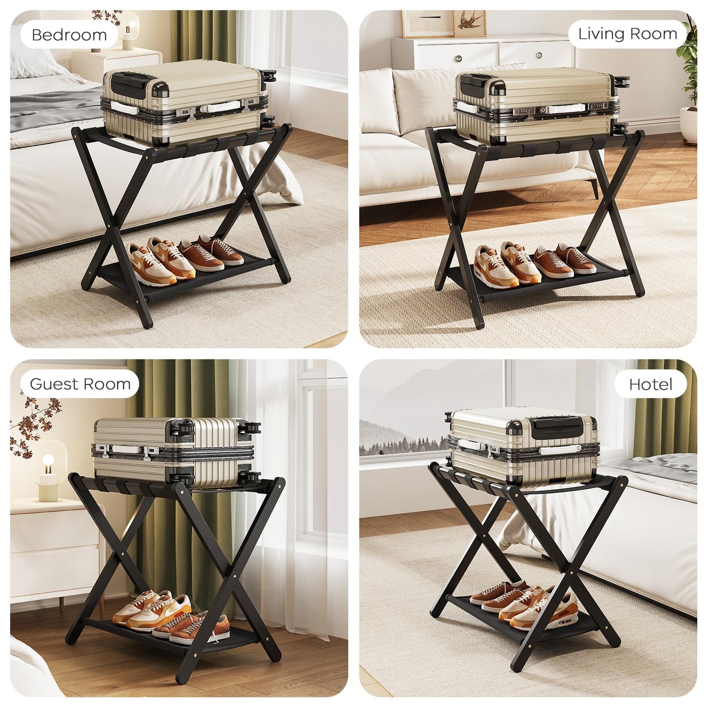 Fully Assembled Luggage Racks Set of 2, Bamboo Luggage Rack for Guest Room, Foldable Suitcase Stand with Fabric Storage Shelf for Bedroom, Hotel, Holds up to 165 lb, 26.77 x 16.93 x 22.5 Inches, Black