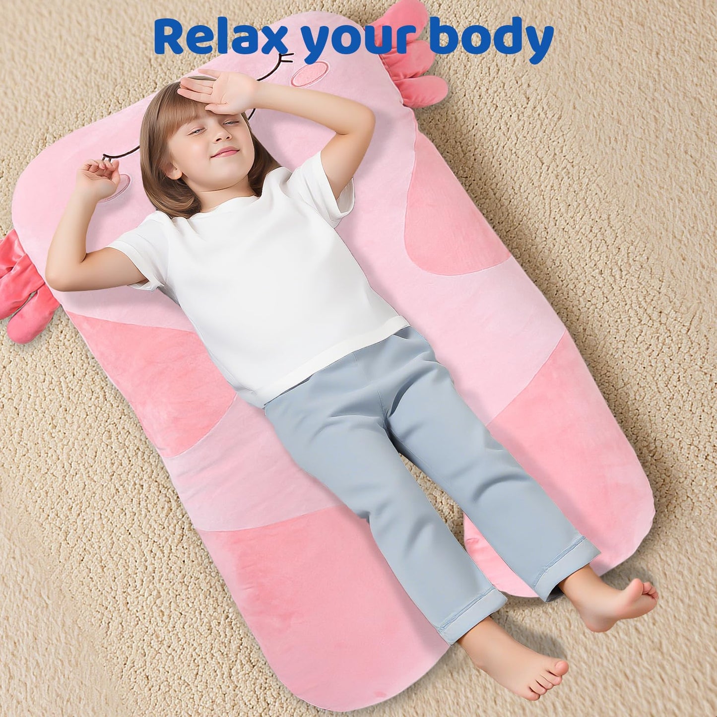 MLdian 47x23 inch U Shaped Long Plush Body Pillows for Kids, Stuffed Animal Axolotl Soft Large Pillow for Sleeping, Big Cute Plushies, Washable Cover, Gift for Boys and Girls