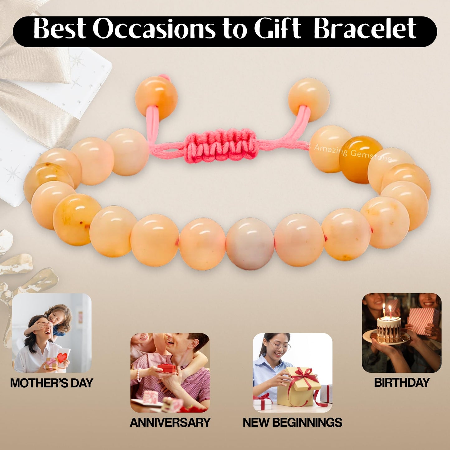 Amazing Gemstone Canadian Flower Agate Bracelet for Women Men's Gifts - Protection Healing Crystal Bracelet - 8mm Gemstone Beaded Adjustable Bracelet Pulseras Para Hombres Mujer Stocking Stuffers