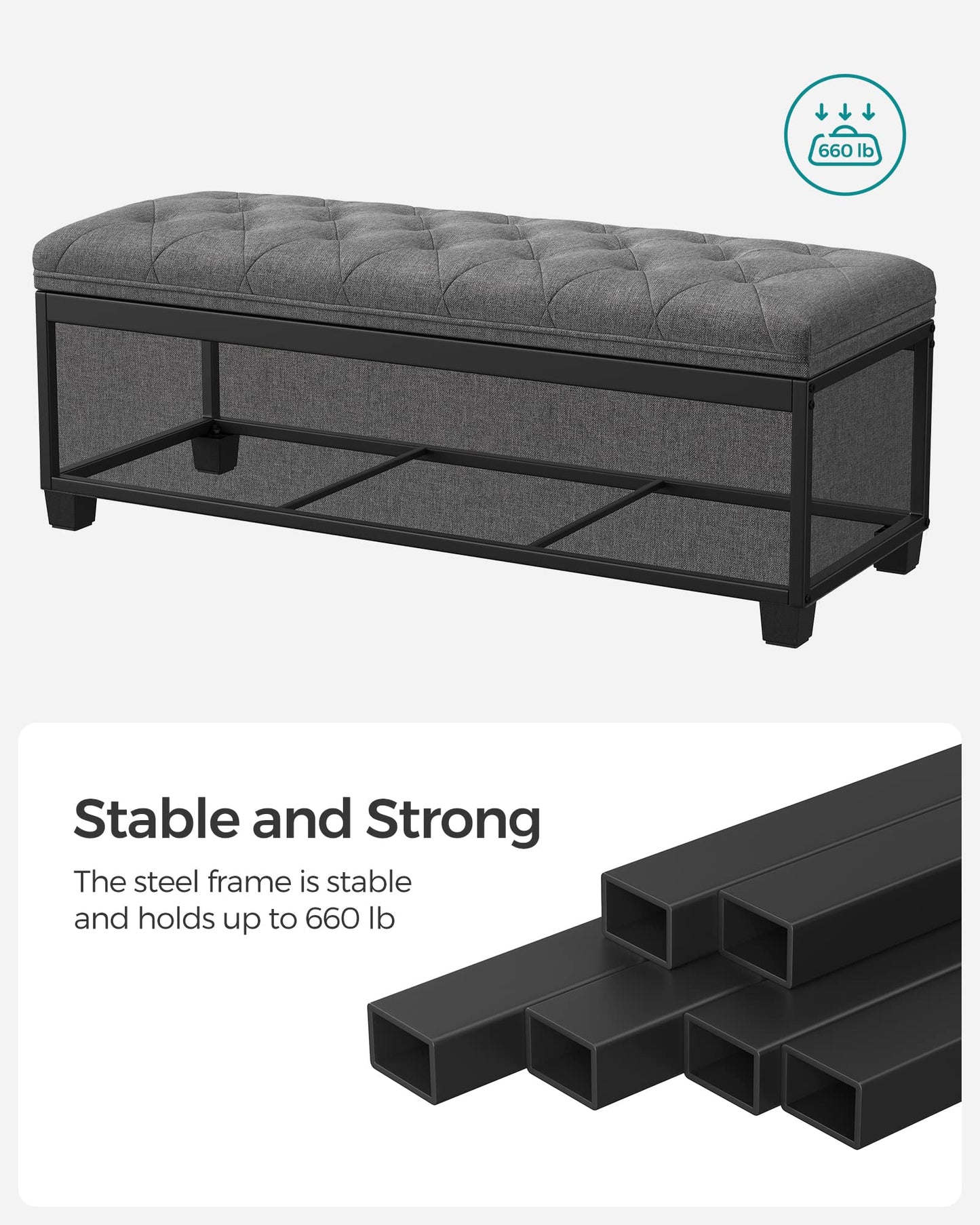 SONGMICS Storage Ottoman Bench, Foot Rest with Legs, 15.7 x 43.3 x 15.7 Inches, End of Bed Bench, Storage Chest, Load up to 660 lb, for Living Room, Bedroom, Entryway, Dark Gray ULSF088G01