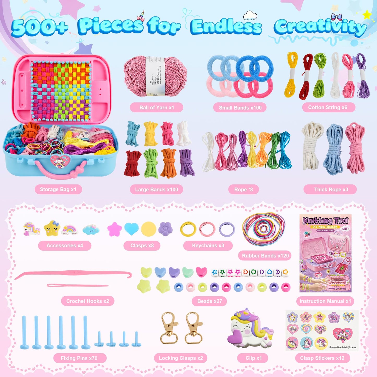 6-in-1 Friendship Bracelet Making Kit,Weaving Loom Kit Toys, 500+ Pcs Craft Kits For Kids,A multi-functional Weaving loom that can be used to make Bracelet, potholder, pendants, bags, hats and scarves