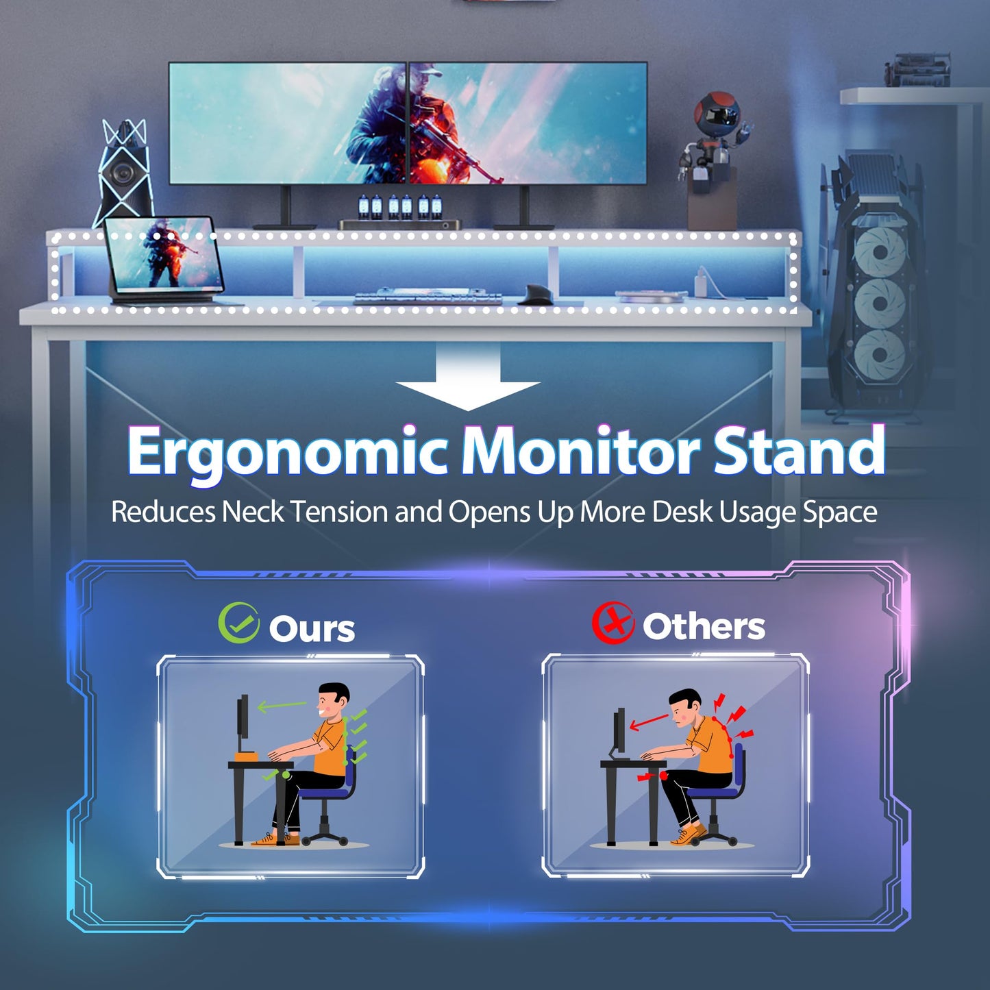 Mericonia Gaming Desk with Storage 60 inch, Computer Desk Gaming with LED Lights & Power Outlets, Reversible Large Gamer Table with PC Case Stand, Fabric Drawers, Office Desk with Shelves