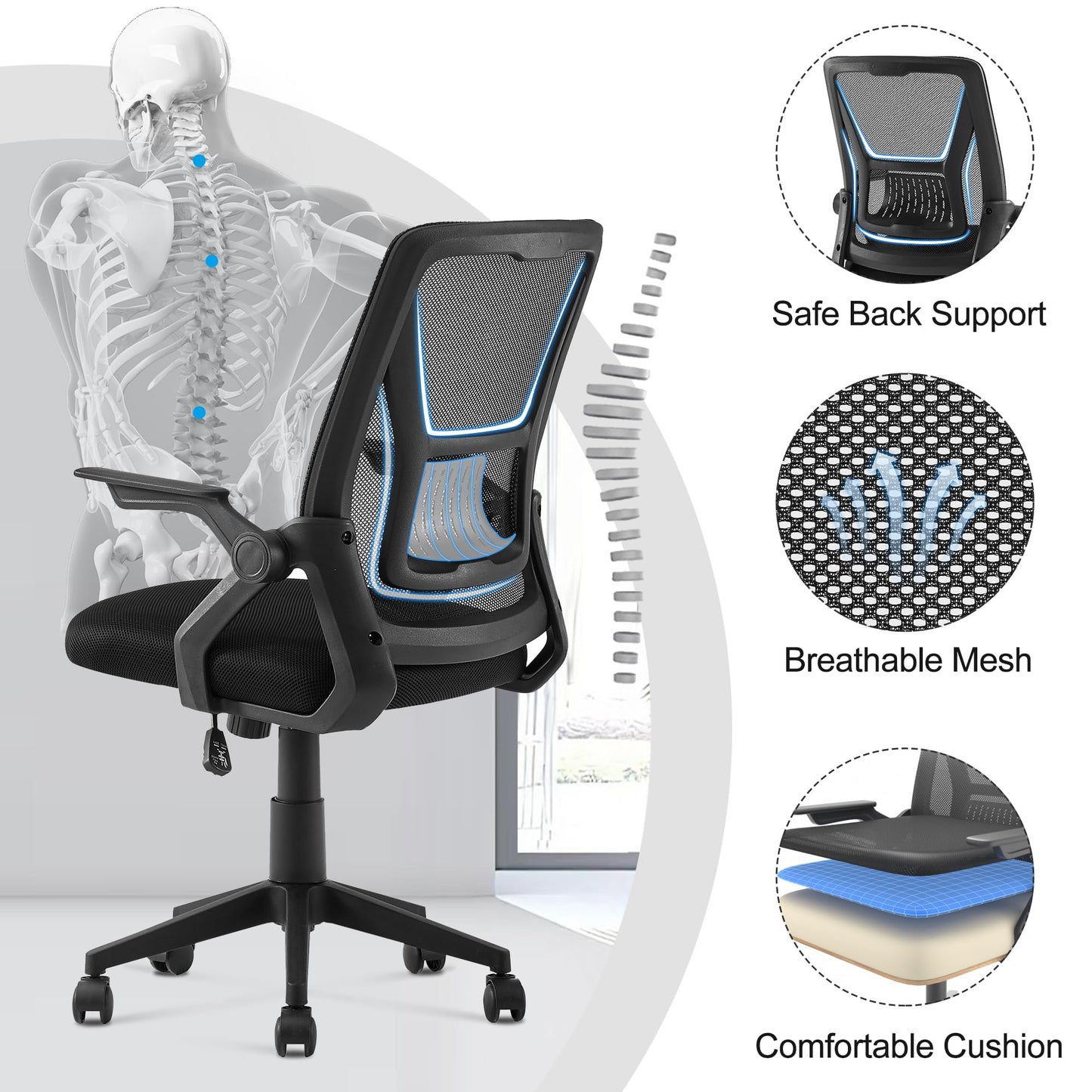 VECELO Mid-Back Swivel Ergonomic Office Chair with Adjustable Arms, Mesh Lumbar Support for Computer Task Work, Black