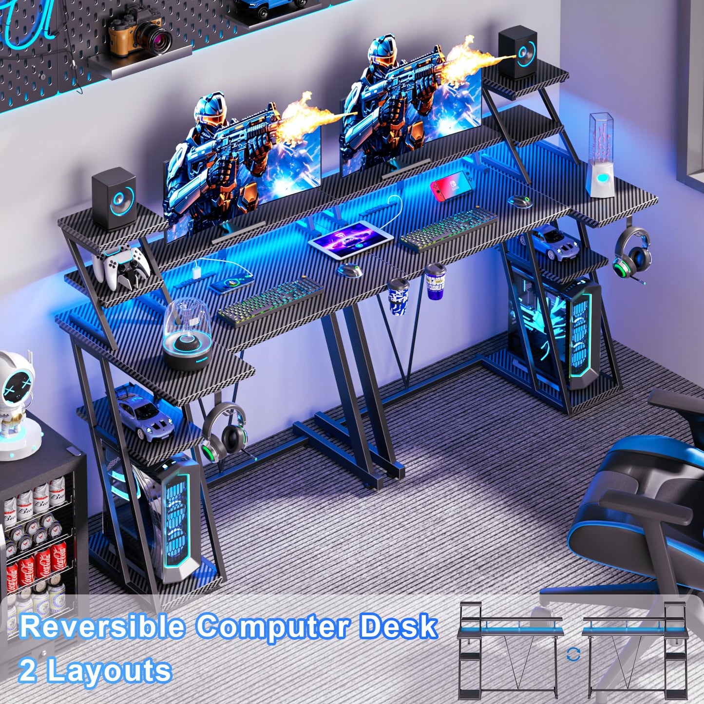 Korfile 39 Inch Gaming Desk with LED Lights & Power Outlet, Small Gaming Computer Desk with Storage Shelves, L Shaped Gamer Workstations with Monitor Stand for Bedroom, Carbon Fiber Black