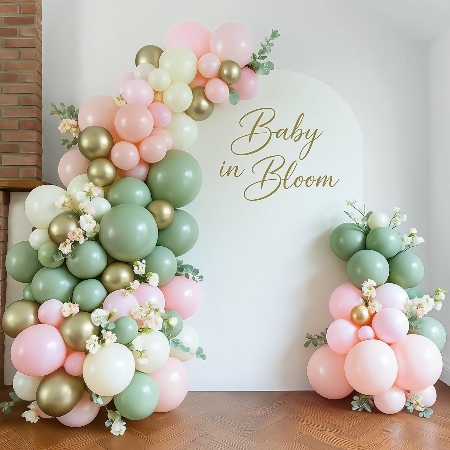 Baby in Bloom Balloon Arch Kit, 134Pcs Dusty Sage Green and Pastel Pale Pink Cream White Beige Light Gold Floral Balloon Garland for Girls Boho Baby Shower Flower Birthday Garden Tea Party Decorations
