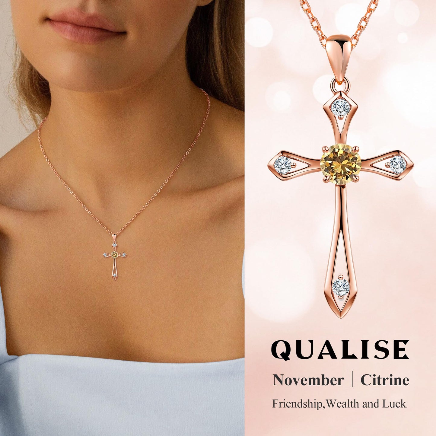 QUALISE Cross Necklace for Women,925 Sterling Silver Birthstone Necklace,Citrine-November Birthstone Cross Necklace,Faith Religious Fine Jewelry Valentines Day Gifts Birthday Holiday Gifts for Her,