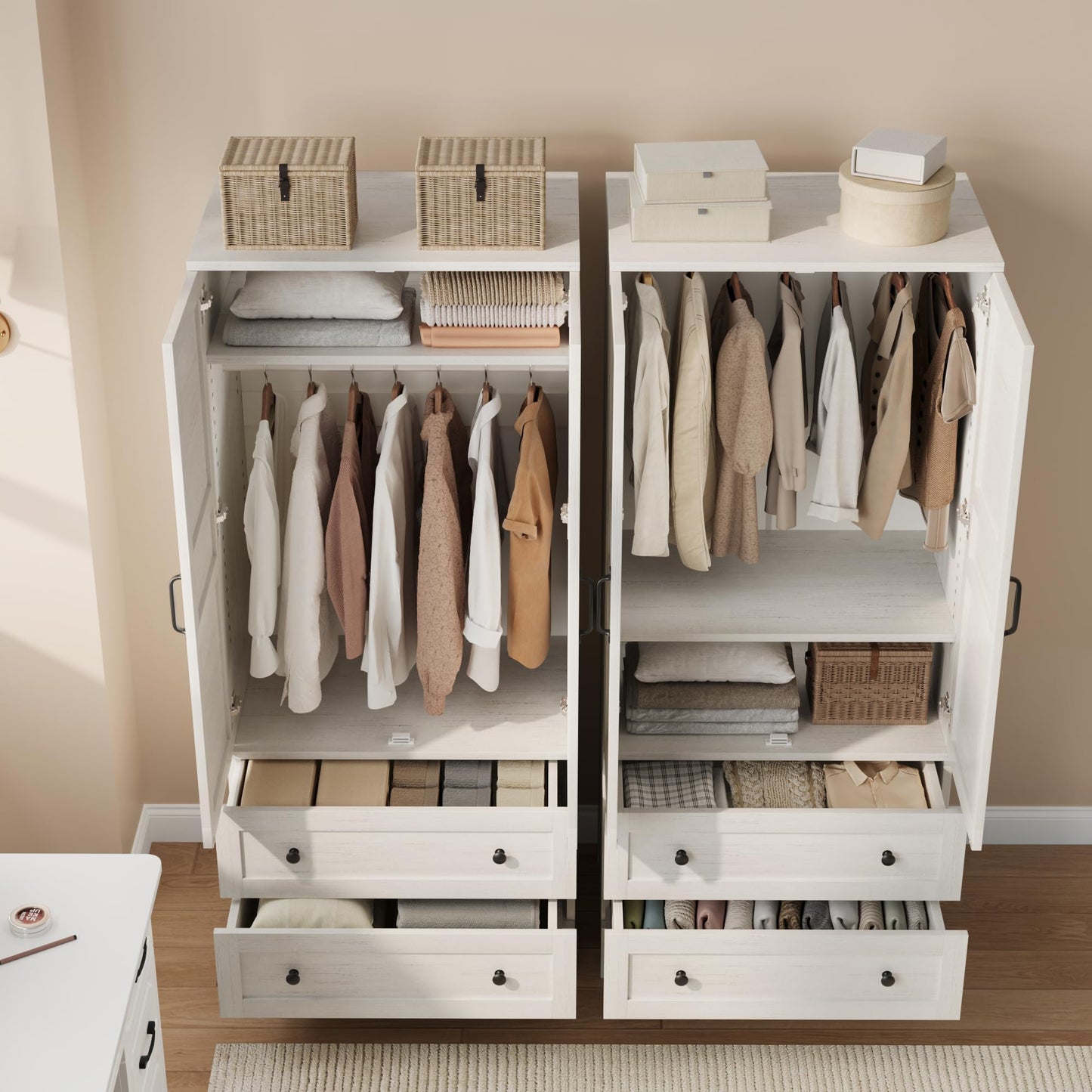 GarveeHome Armoire Wardrobe Closet with 2 Drawers,72 in Wooden Wardrobe Cabinet with Hanging Rod, Tall Clothing Armoire Cabinet with Doors and 18 Adjustable Shelves for Bedroom, Clothes, Rustic White