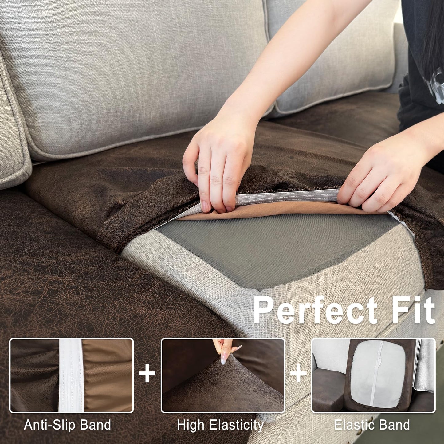 ANARACHON Leather Look Couch Cushion Covers Sofa Seat Slipcovers Sets Couches Furniture Protector for Sectional Armchair Loveseat Pets Kids Stretch Spandex Fabric(3 Cushion Sofa, Brown)