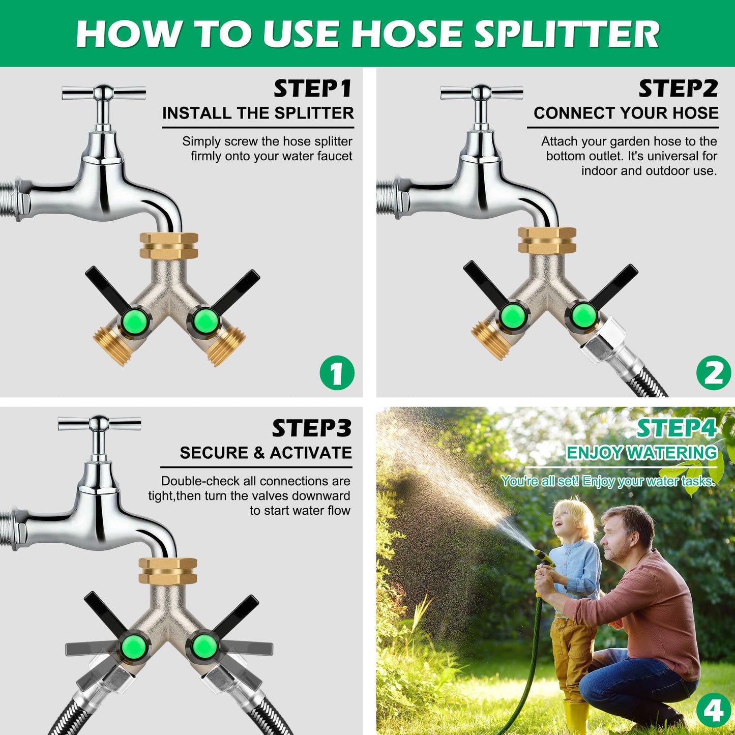 Love Is War Hose Splitter 2 Way, Heavy Duty Brass Garden Hose Splitter,Y Adapter Connector With 3/4 - Inch Ght Thread, Easy Turn On-Off Handle For Fauce.Connector For Lawn Irrigation.