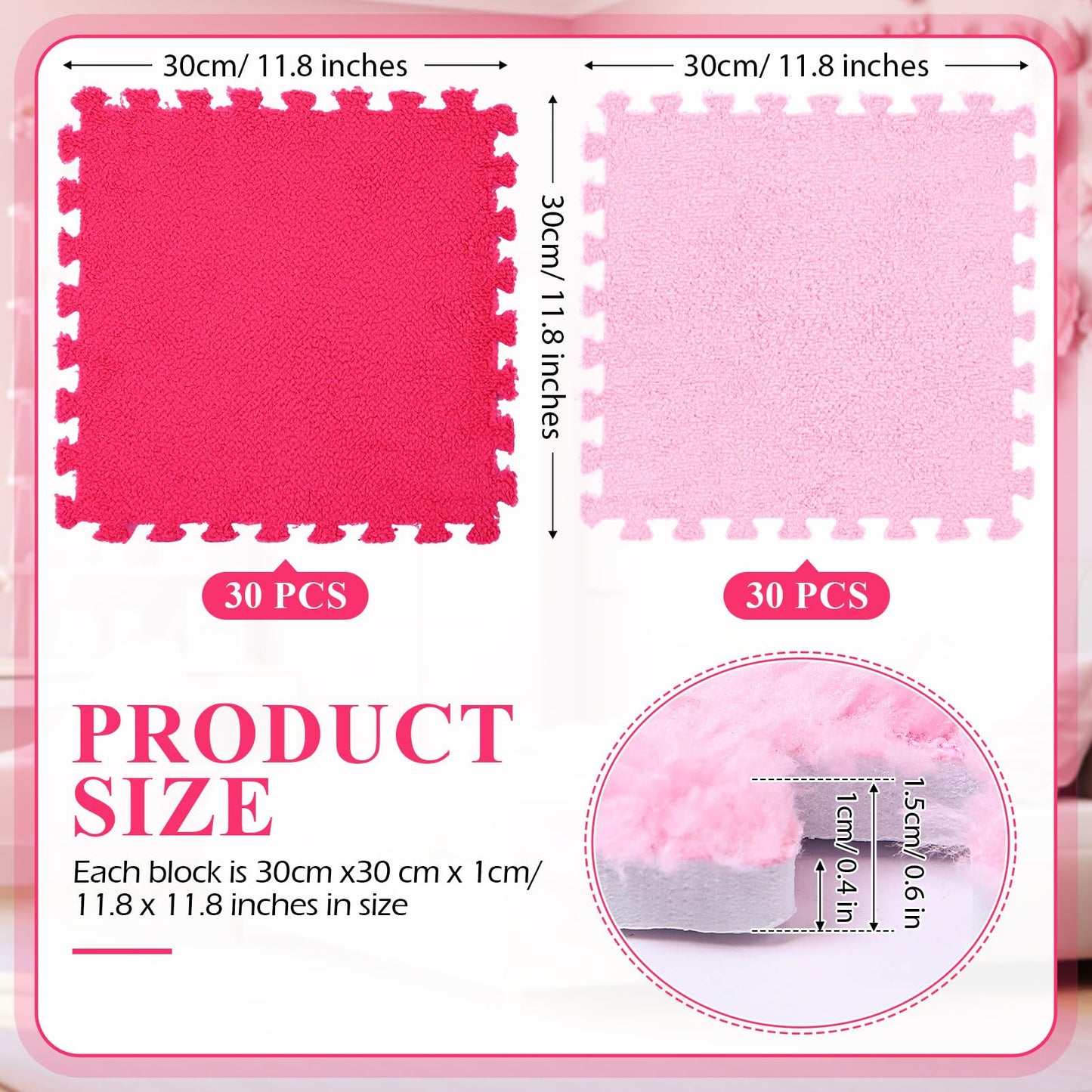 Ceenna 60 Pieces Plush Puzzle Foam Floor Mat Square Interlocking Carpet Tiles with Fluffy Play Mat Floor Tiles Soft Climbing Area Rugs for Living Room Floor Gym Area(Pink, Rose Red)