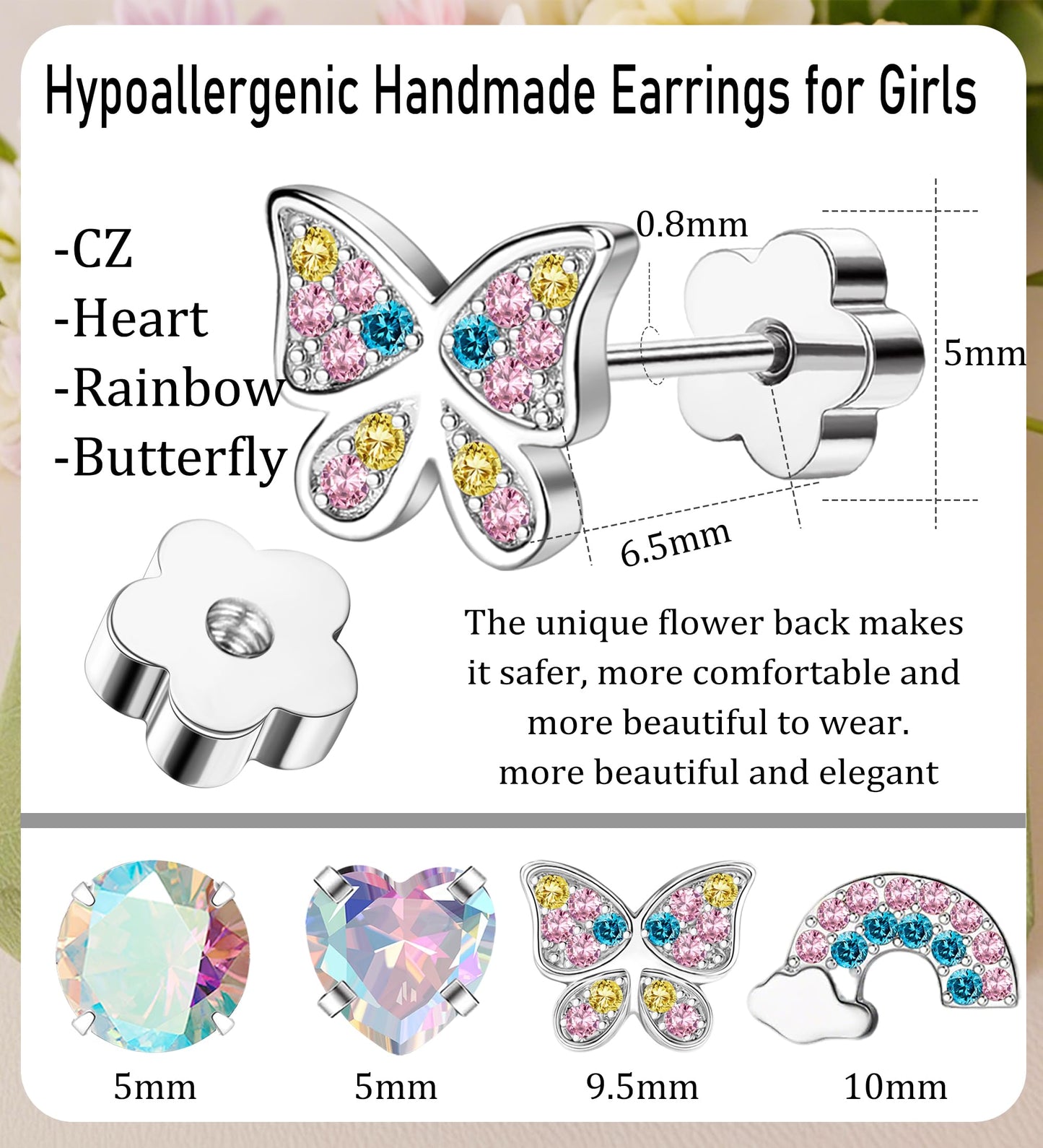 EQFE 4Pairs Hypoallergenic Earrings for Women 14K Gold Flat Back Earrings 20G Screw Back Cartilage Earring for Sensitive Skin CZ Heart Butterfly 316L Stainless Steel Stud Earrings