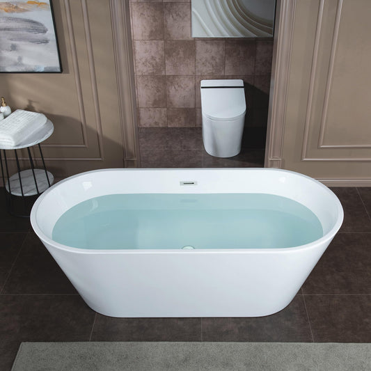 WOODBRIDGE 67" Acrylic Freestanding Bathtub Contemporary Soaking White Tub with Chrome Overflow and Drain