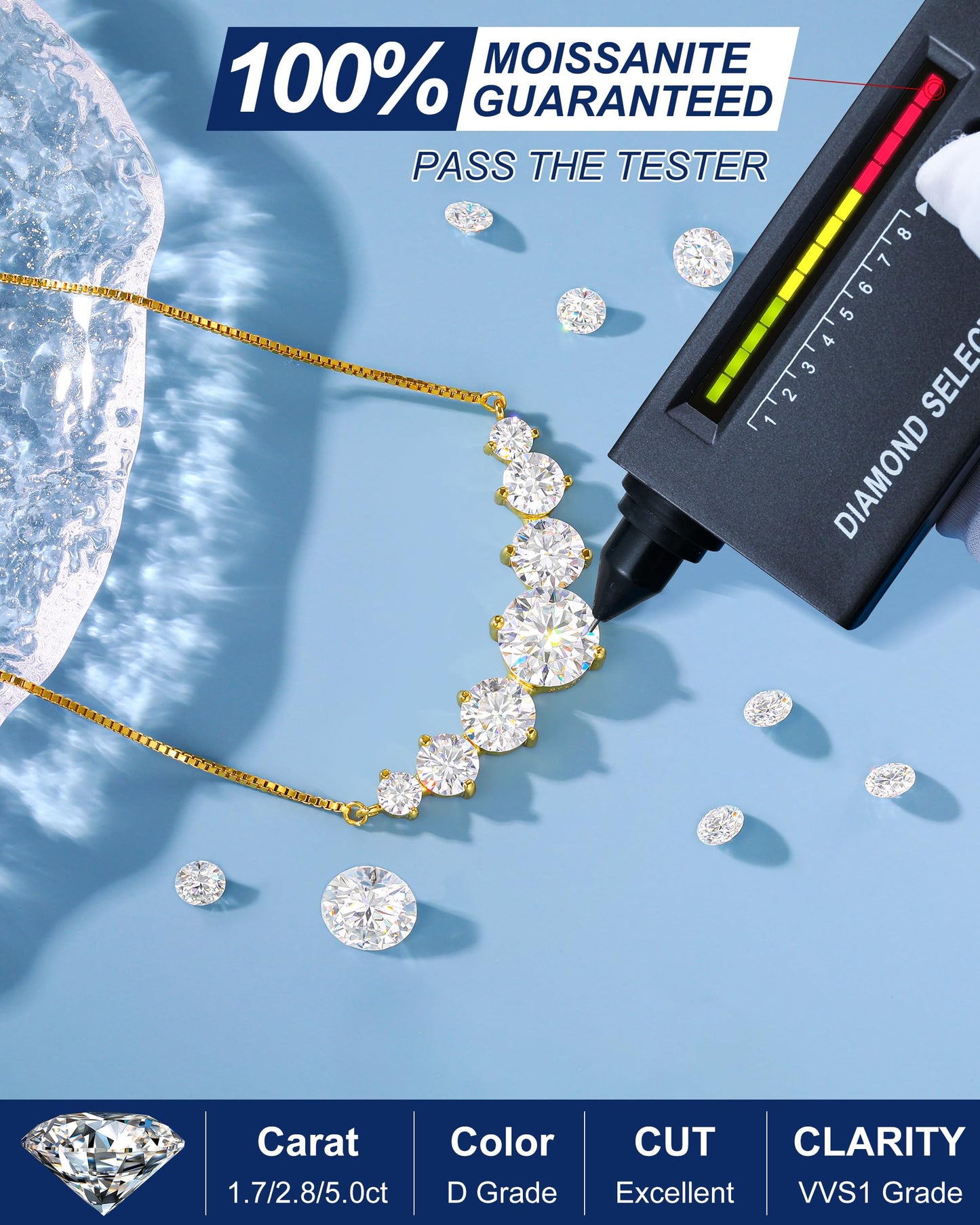 1.7 Carat Simulated Diamond Necklace for Women, 7 Stones Moissanite Pendant Necklaces 18k Yellow Gold Plated Sterling Silver Moissanite Necklace 19 inch Adjustable Box Chain Jewelry Gifts for Mom Wife