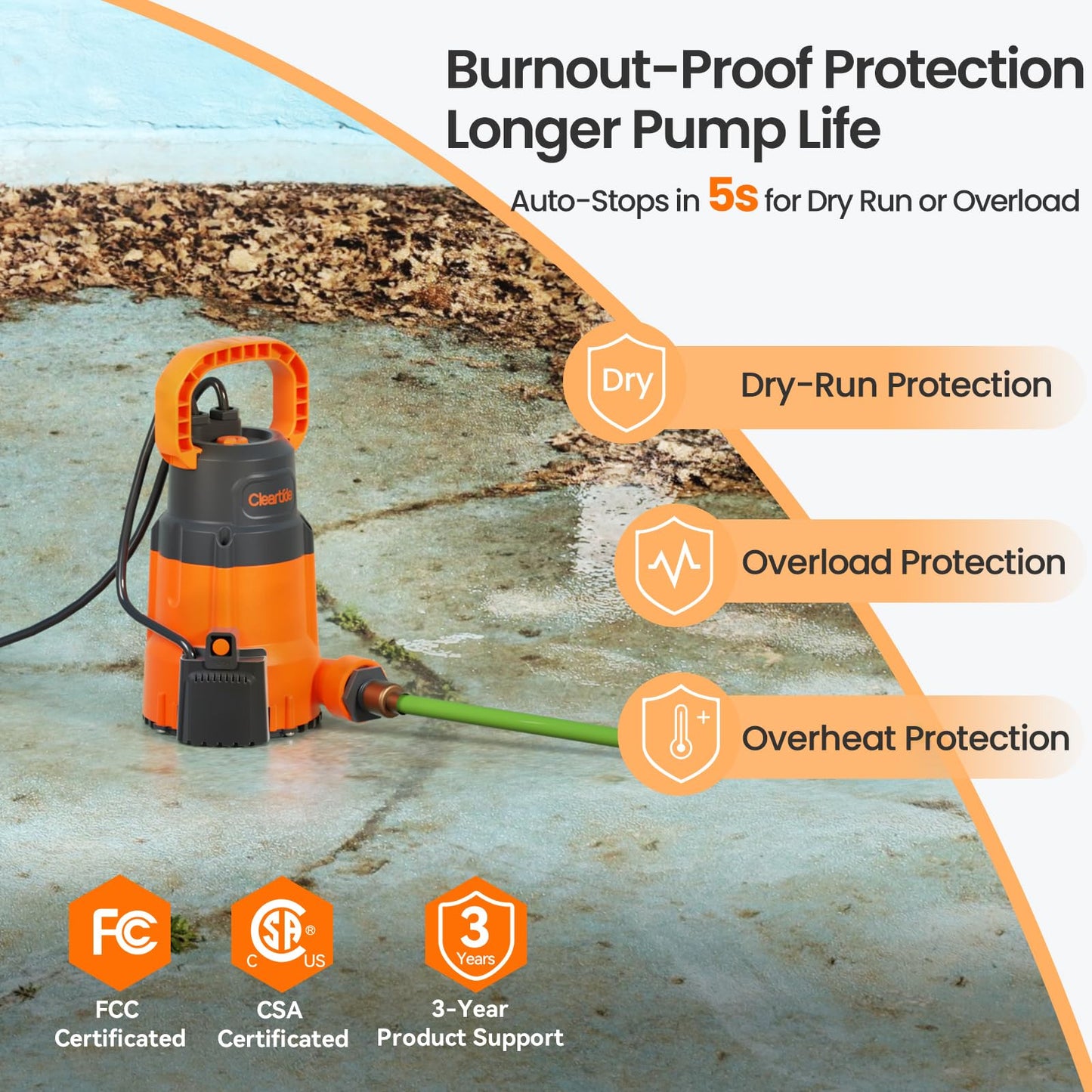 Cleartide 1/4 HP Submersible Utility Pump, 2160 GPH High Flow, Thermoplastic Portable Sump Pump with Auto Water Sensor, Ideal for Pool, Flooded Basement, Hot Tub, Pond & Garden Draining,10 FT Cord