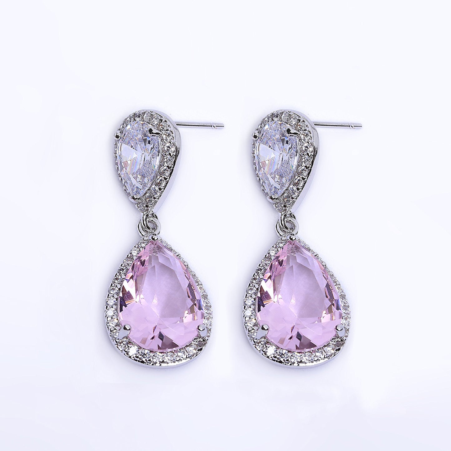 AMYJANE Wedding Jewelry Set for Bridesmaids - Women's Elegant Sterling Silver Pink Teardrop Crystal Cubic Zirconia Rhinestone CZ Necklace Set Bridal Party Prom Jewelry Sets