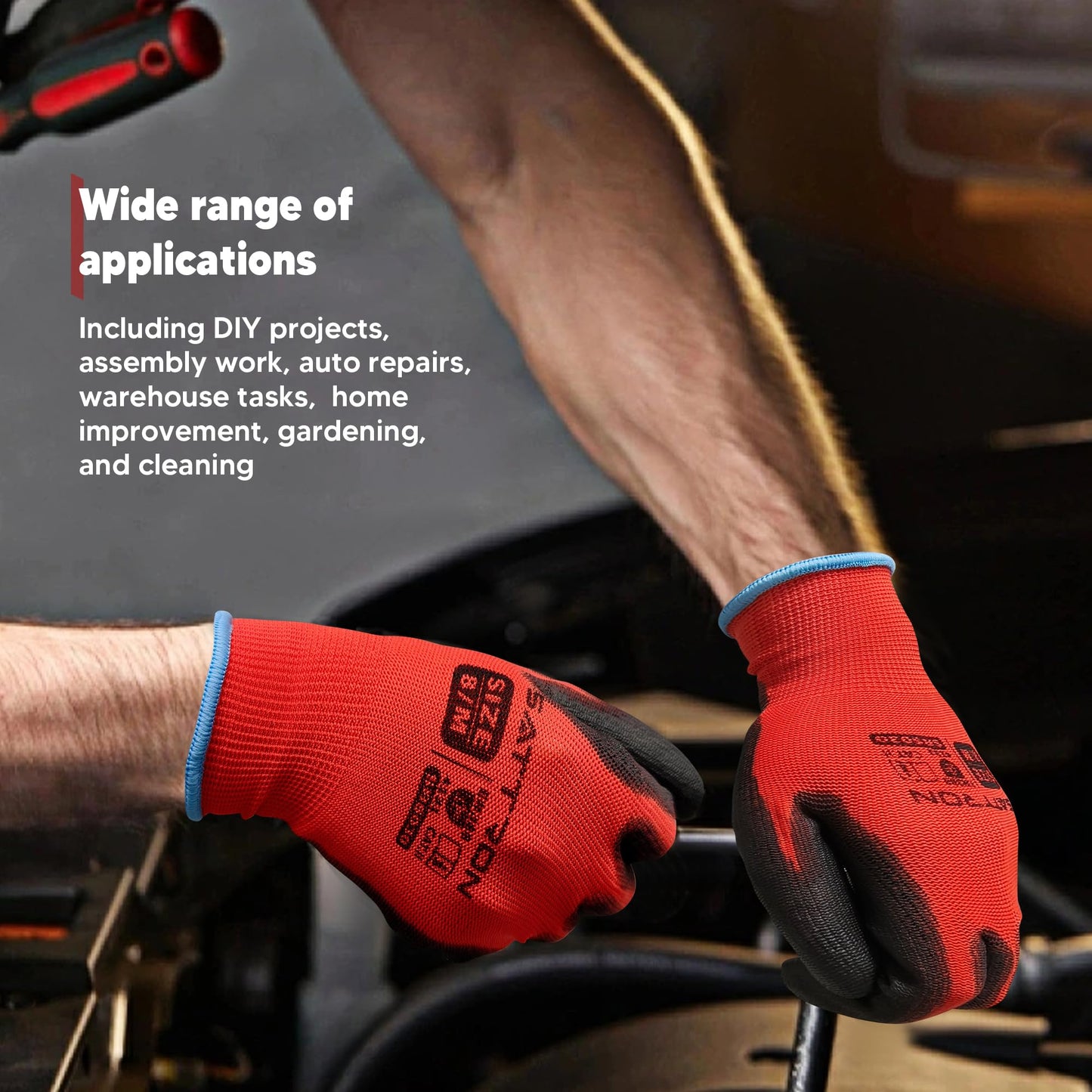 SATTRON Safety Work Gloves PU Coated, 12 Pairs Seamless Knit Gloves with Polyurethane Coating Working Gloves Excellent Grip for Men & Women, Breathable, Ideal for General Duty Work DIY (Red, X-Large)