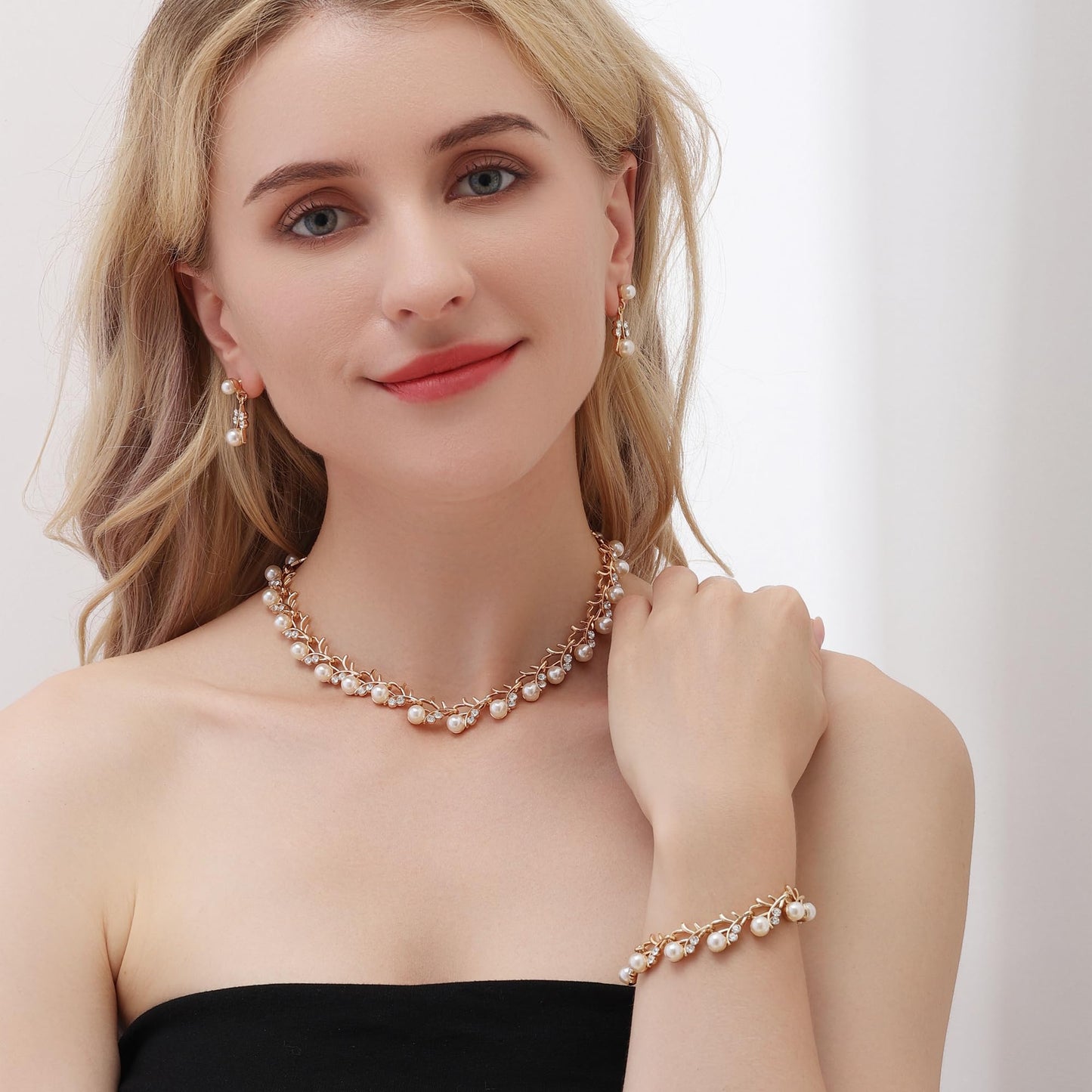 AILUOR Pearl Jewelry Set for Women, 14K Gold/Silver Plated Pearl Necklace, Earring Set and Choker - Wedding Bridal Gift (3pcs Gold)