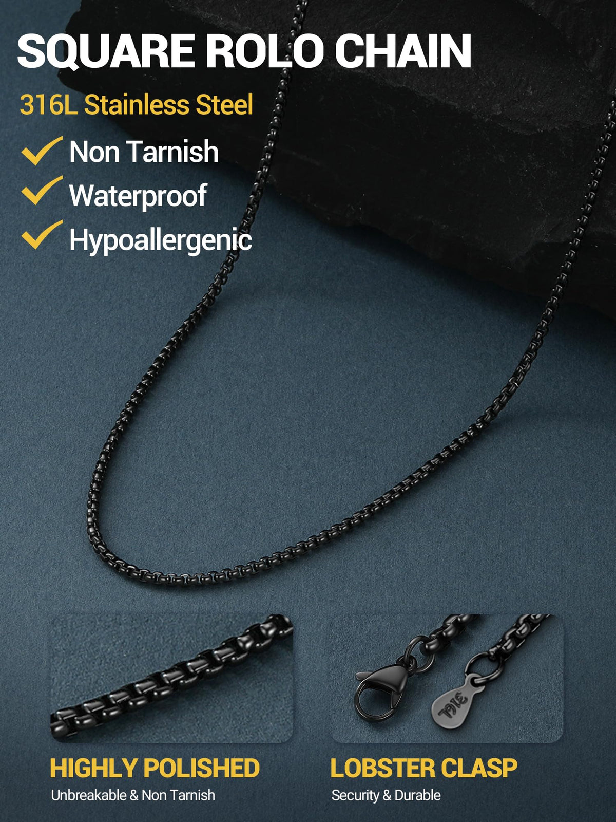 PROSTEEL Mens Chain Necklace, Squre Rolo Link Chains Black Stainless Steel Necklace 2mm Waterproof & Durable Men and Women Jewelry with Gift Box 18in