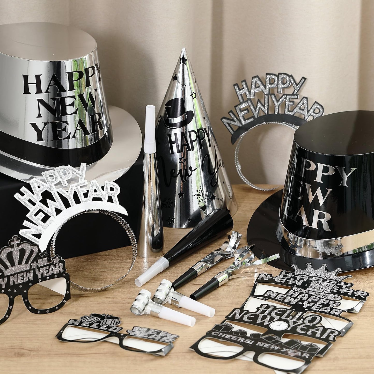 Junkin 54 Pcs New Years Eve Party Supplies 2026 Kit for 24 Guests Include Top Hats Cone Hats Glasses Headbands Blowing Dragon Trumpet Happy New Year Decorations Bulk Party Favors (two-tone)