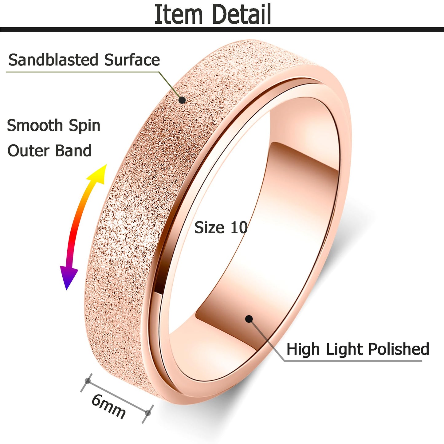 OreilleStar Anxiety Ring for Women Fidget Spinner Ring Fidget Toys Adults Titanium Stainless Steel Thumb Ring 6mm Wide Rose Gold Size 8