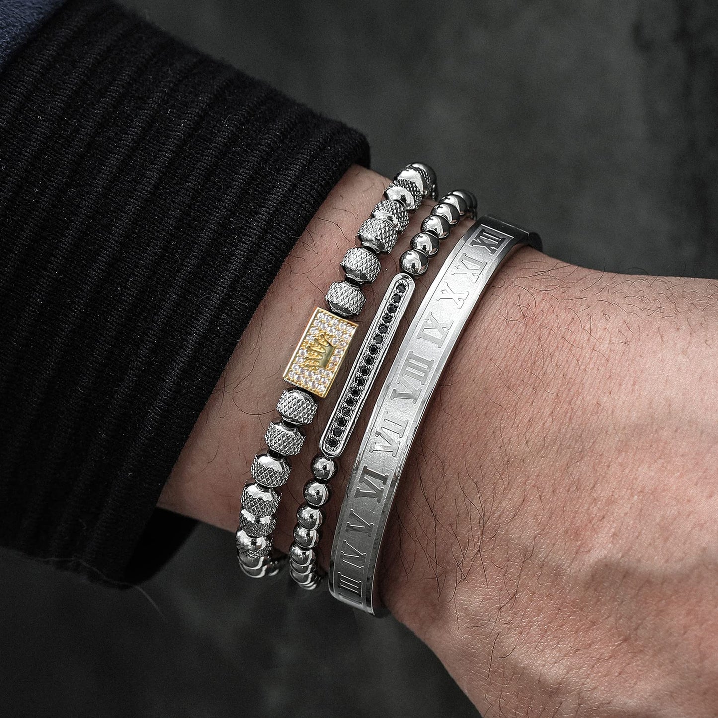 WFYOU 3PCS Stainless Steel Bracelets for Men Gold Roman Numeral Bangle Bracelet Twisted Cable Bracelet Adjustable Cuff Bracelet Mens Luxury Jewelry Bracelets Gifts(H:Gold&Silver)